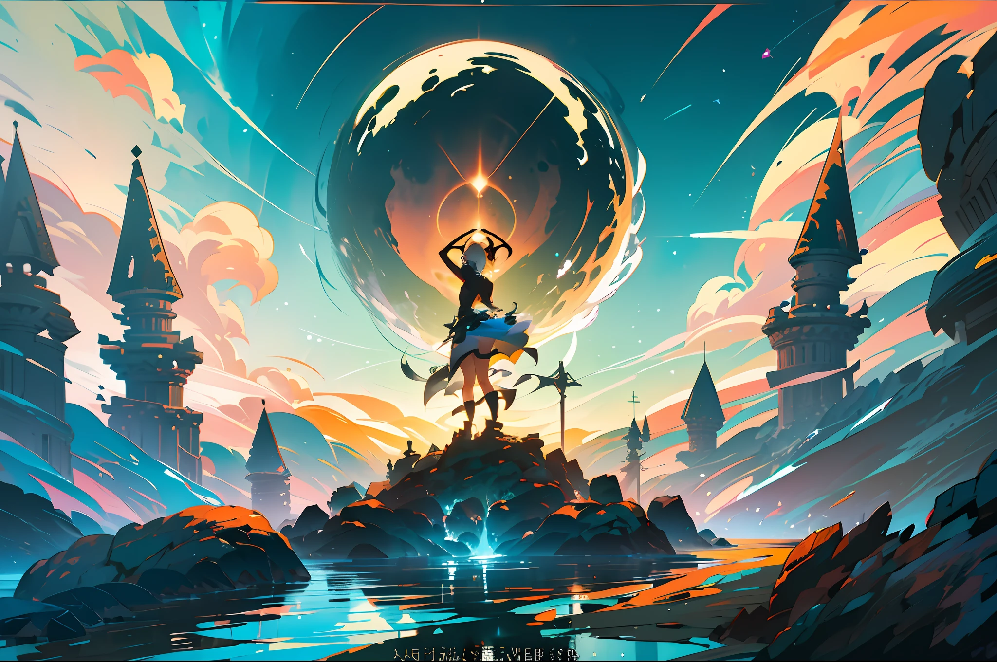 a woman standing on top of a pile of rocks, concept art, by sylvain sarrailh, conceptual art, in the middle of round ruins, standing astride a gate, endless loop, the anime girl is running, world seen only through a portal, keyframe illustration, guweiz masterpiece, portal opening, year 2 3 0 0, martin ansin