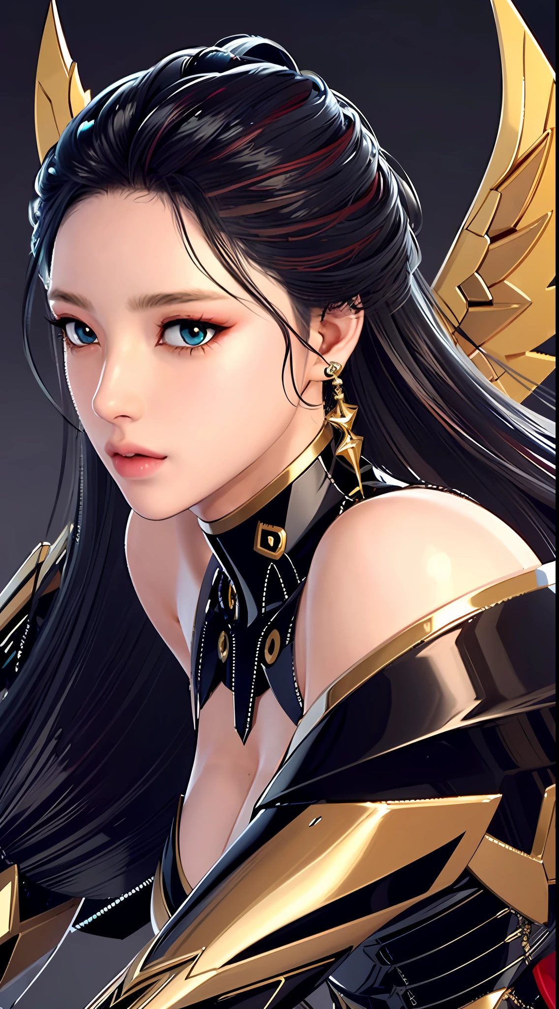 (((((bust)))))), face close-up, black mecha, 1girl, (a beautiful maiden), glowing eyes, golden light energy sword, galaxy, bare shoulders, mechanical exquisite, details, mecha wings, elegant, black mecha, (stockings), black armor, gold pattern, mechanical exquisite, details, black, black mecha wings, golden light effects, elegant, angular, angular, huge, windy, hazy, mecha eyes emit golden light, (((black mecha))), glowing light, holding a delicate light energy sword, sky, mechanical delicate, detail, huge mecha wings, elegant, best quality, official art, extremely detailed CG Unity 8k wallpaper, bright golden light, golden light particles, gold particular, (perfect), bold lines, highest quality, masterpiece, fine, long eyelashes, extremely detailed background description, black off-the-shoulder skirt, mottled, broken, (character close-up), (simple and picky), displaning correctly, Accurate, correct hand drawing, right fingers, sci-fi sense, futuristic wind, cyberpunk, urban, city, night