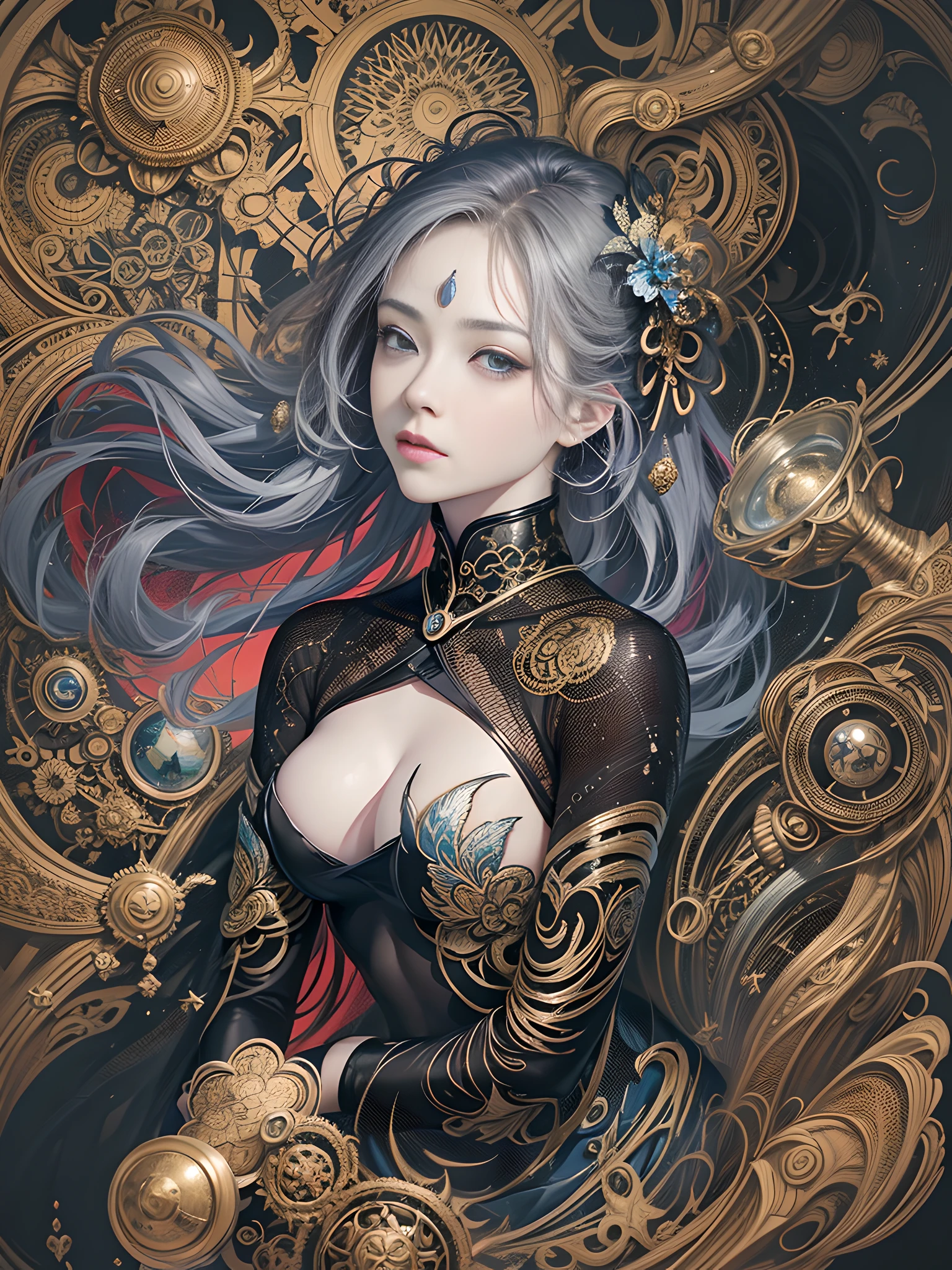 Official Art, Unity 8k Wallpapers, Ultra Detailed, Beautiful and Aesthetic, Masterpiece, Best Quality, (Zentangle, Mandala, Tangled, Entangle), (Fractal Art: 1.3), 1girl, Very Detailed, Dynamic Angle, Cowboyshot, Most Beautiful Forms Chaotic, Elegant, Fauvist Design, Bright Colors, Romanticism, James Jean, Robbie Devi Antono, Ross Tran, Francis Bacon, Michal Mlaz, Adrian Ganey, Petra Kotwright, Gerhard Richter, Takashi Yamamoto, Ashley Wood, atmospheric, ecstatic notes, flow notes visible, (black silk), (whole body),