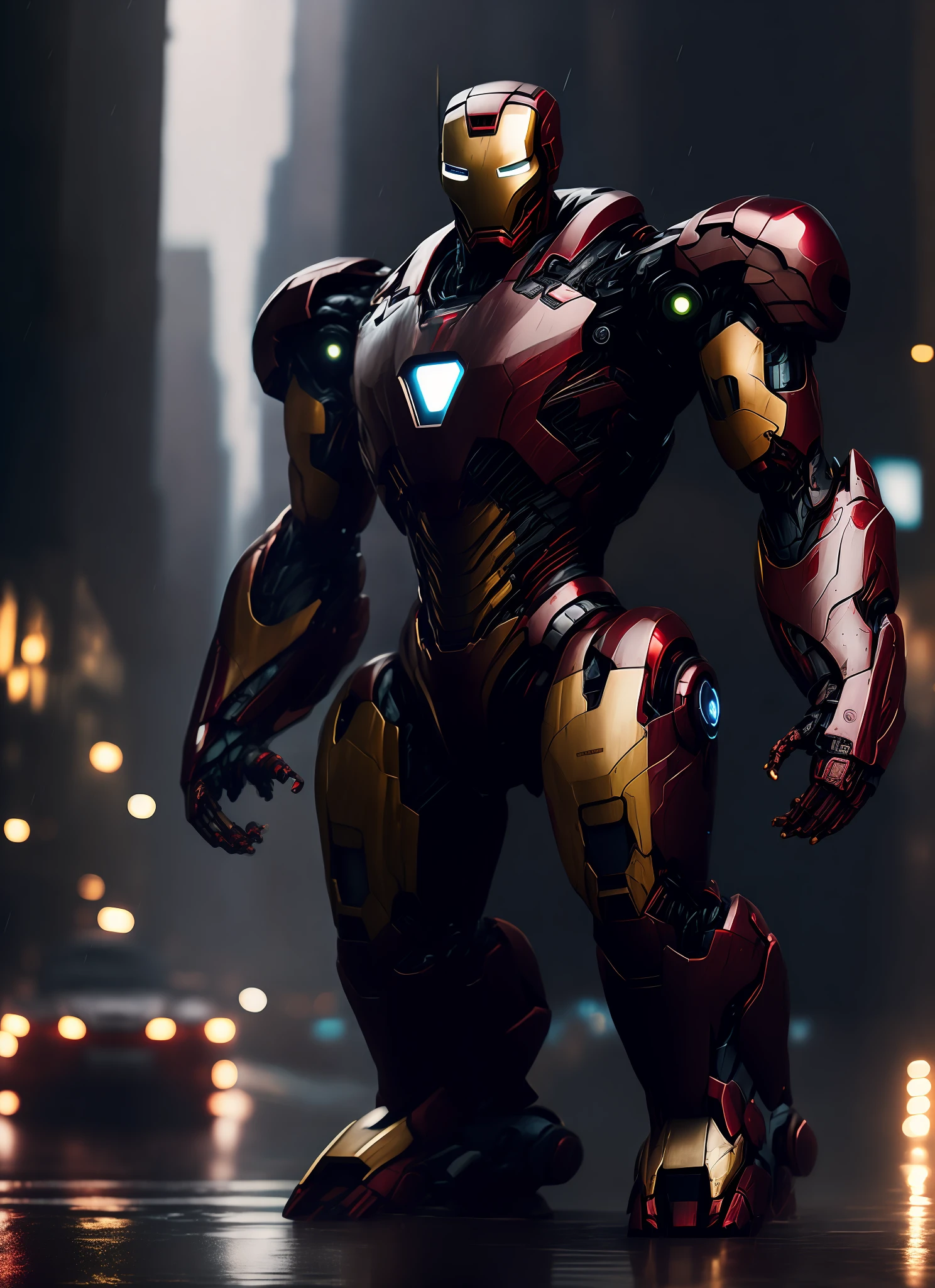 Ironman mech standing outside city 17, glossy robot, rainy, rtx, moody atmosphere, (cinematic atmospheric:1.1), cinematic lighting, golden ratio, perfect composition, elegant, no crop, extremely detailed, 4k, sharp focus, masterpiece, CinemaHelper, PhotoHelper, backlight,
