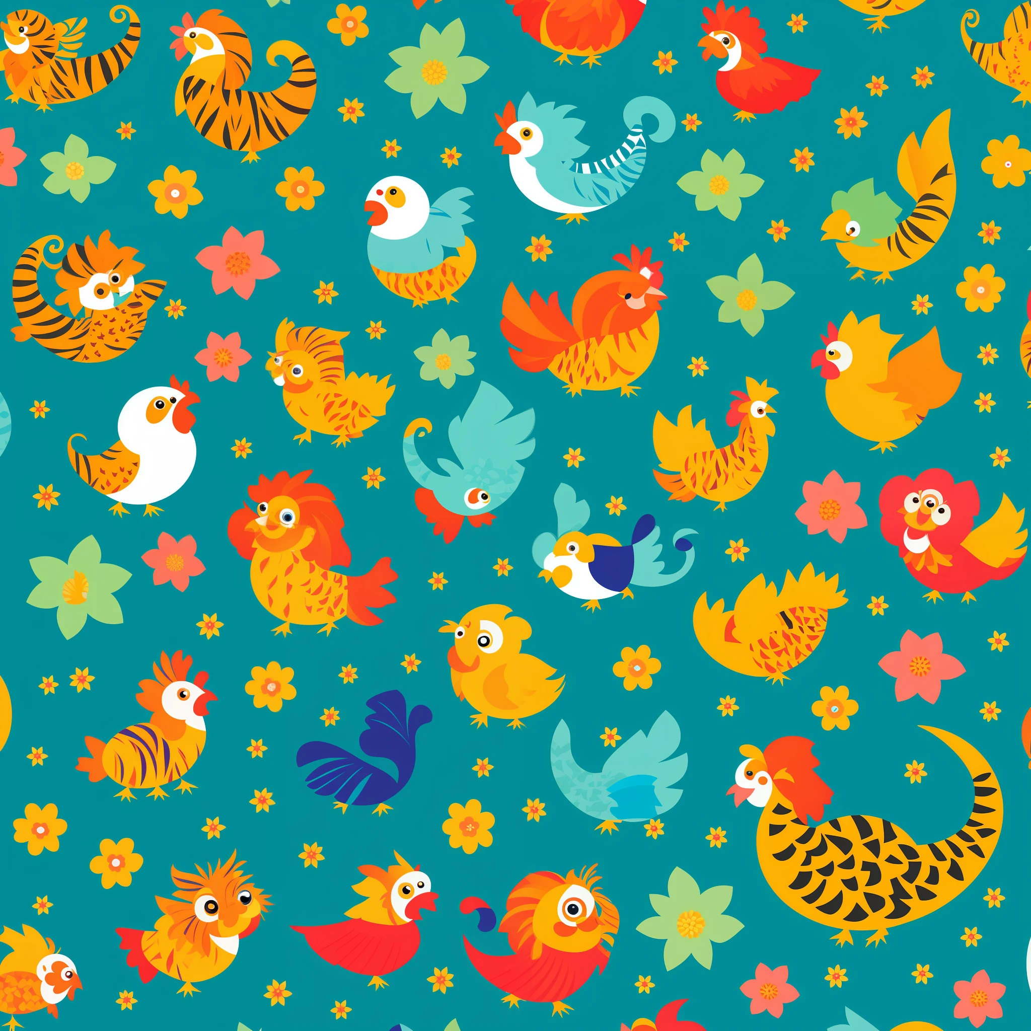 Fish, chickens, monkeys, lions, tigers, butterflies, dragonflies