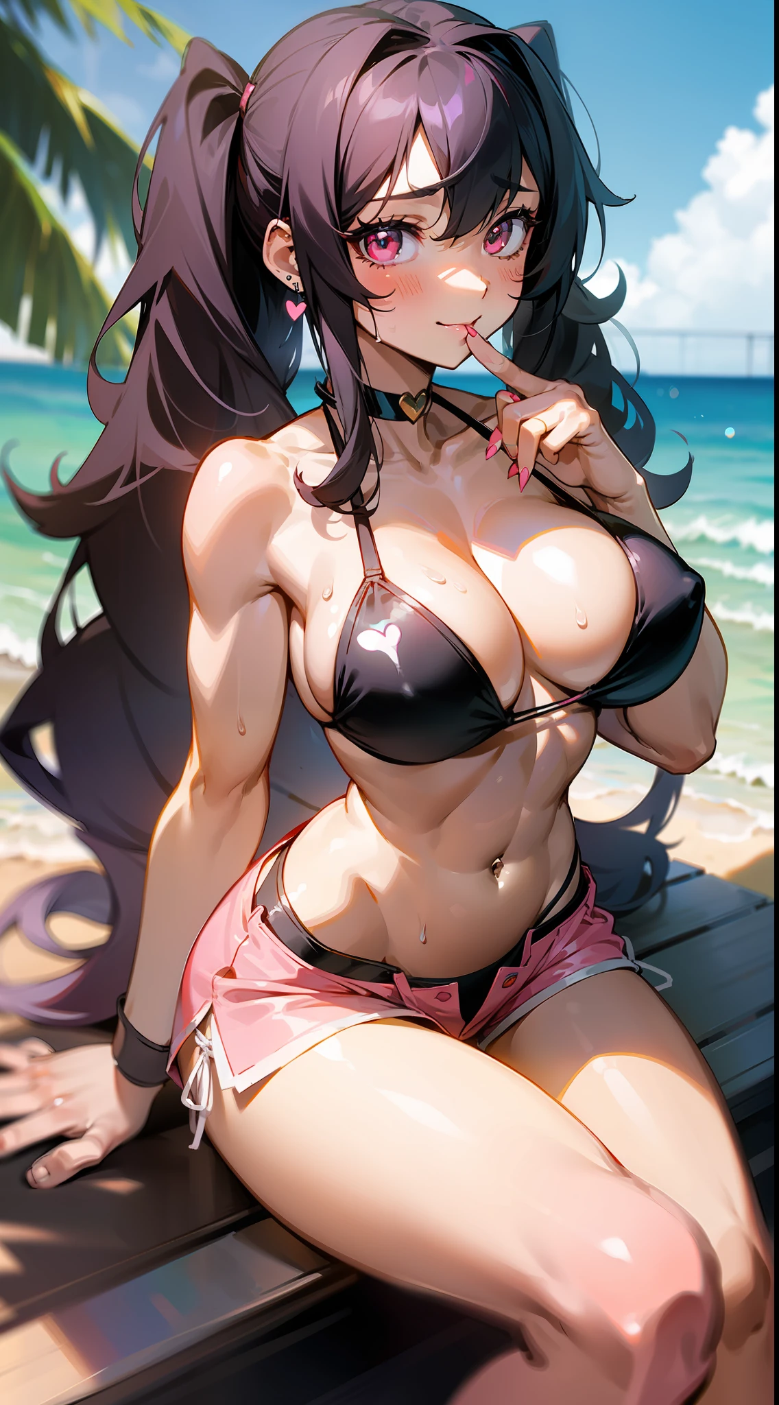 animated, overlook view, breast squeeze, sweat, muscular, girl,woman,female, mature,30 years old, very long hair, curly hair, bangs, twintails, black hair, {;p}, {heart-shaped_pupils}, fingernails, large_breasts, navel, red eyes, bright skin, piercing, choker, ring, bikini, short_shorts, sandals, pink Clothes, beach, noon, lens flare, {{{ultra detailed}}},