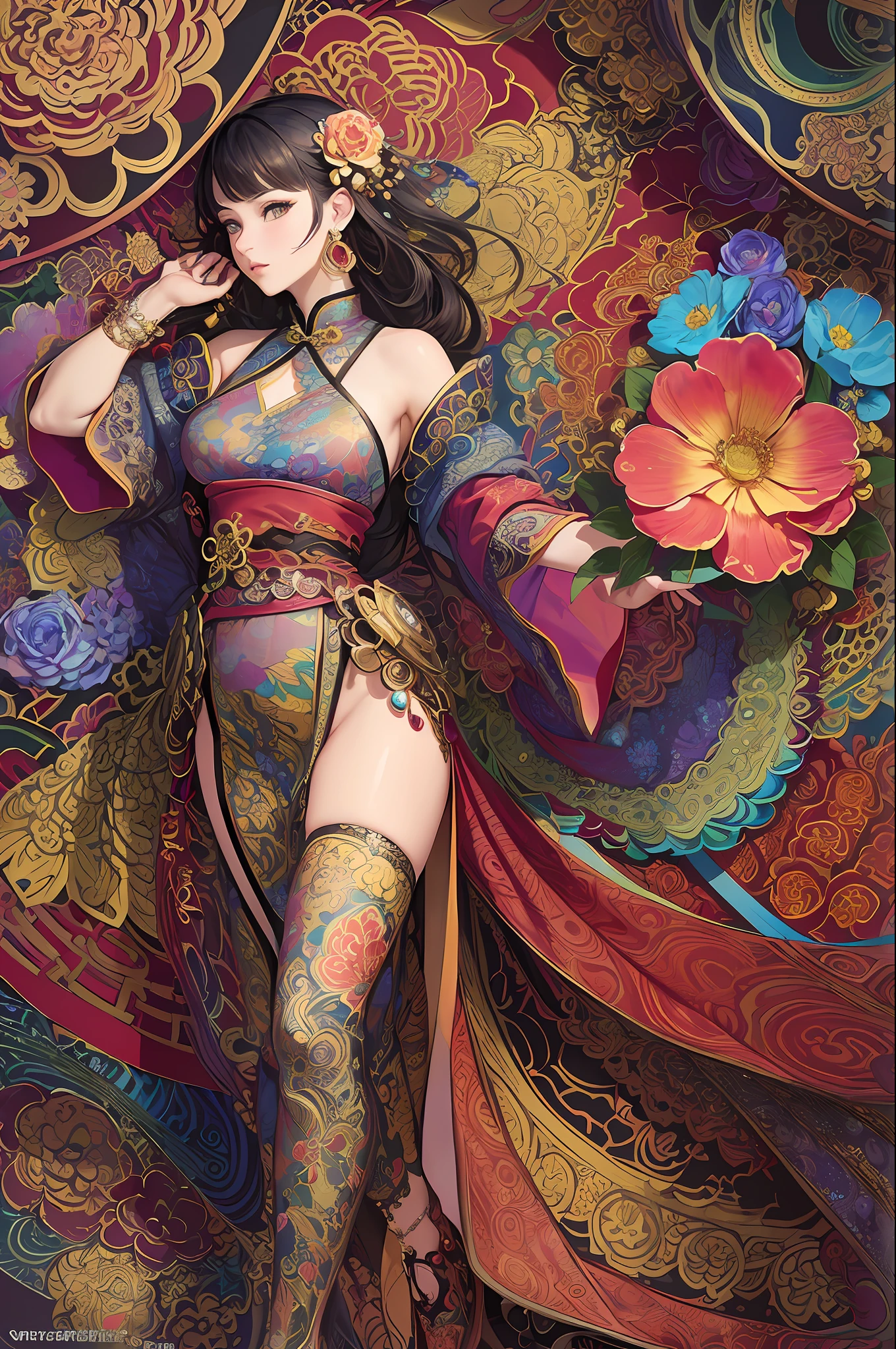 (masterpiece, top quality, best quality, official art, beautiful and aesthetic:1.2), (1girl:1.3), extremely detailed,(fractal art:1.1),(colorful:1.1)(flowers:1.3),highest detailed,(zentangle:1.2), (dynamic pose), (abstract background:1.3), (chinese Traditional cloth:1.2), (shiny skin), (many colors:1.4), ,(earrings:1.4),