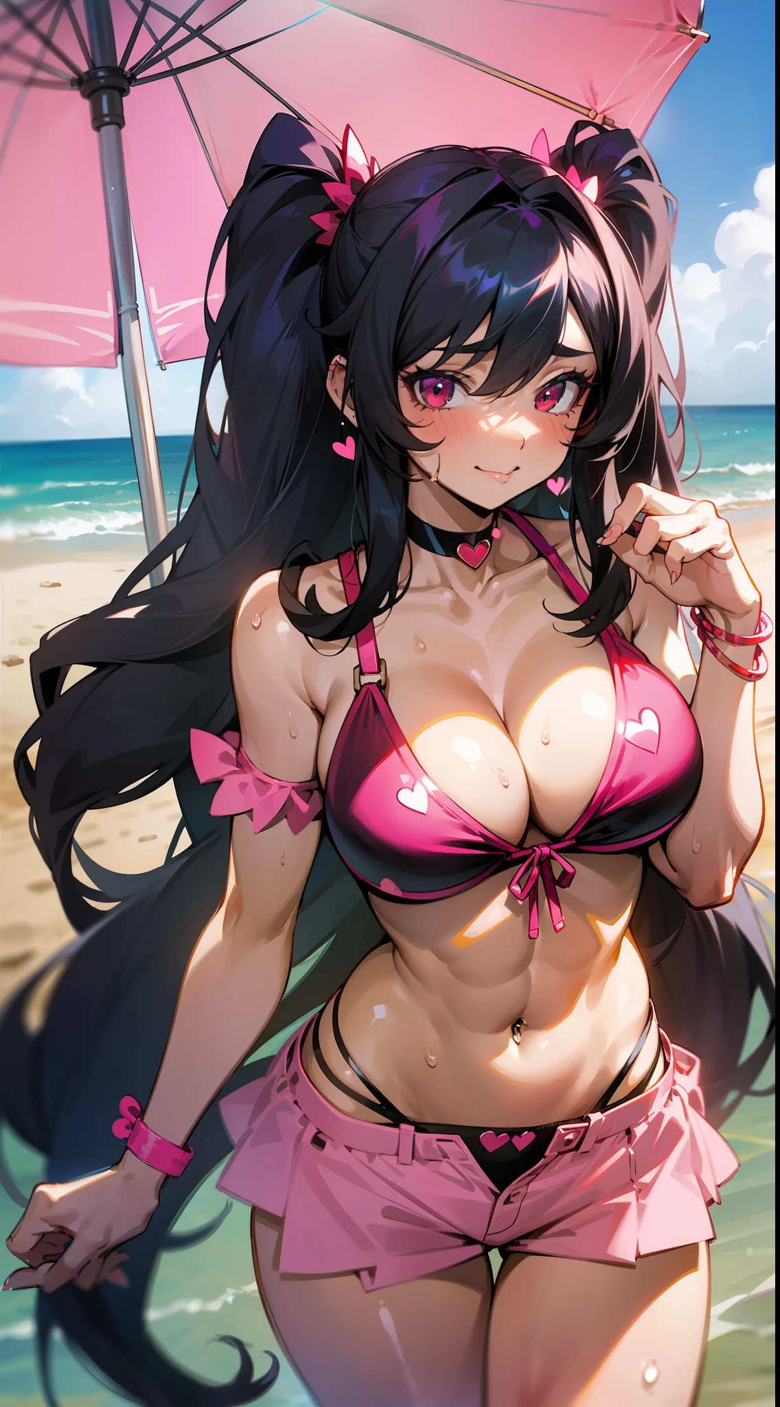 animated, overlook view, breast squeeze, sweat, muscular, girl,woman,female, mature,30 years old, very long hair, curly hair, bangs, twintails, black hair, {;p}, {heart-shaped_pupils}, fingernails, large_breasts, navel, red eyes, bright skin, piercing, choker, ring, bikini, short_shorts, sandals, pink Clothes, beach, noon, lens flare, {{{ultra detailed}}},