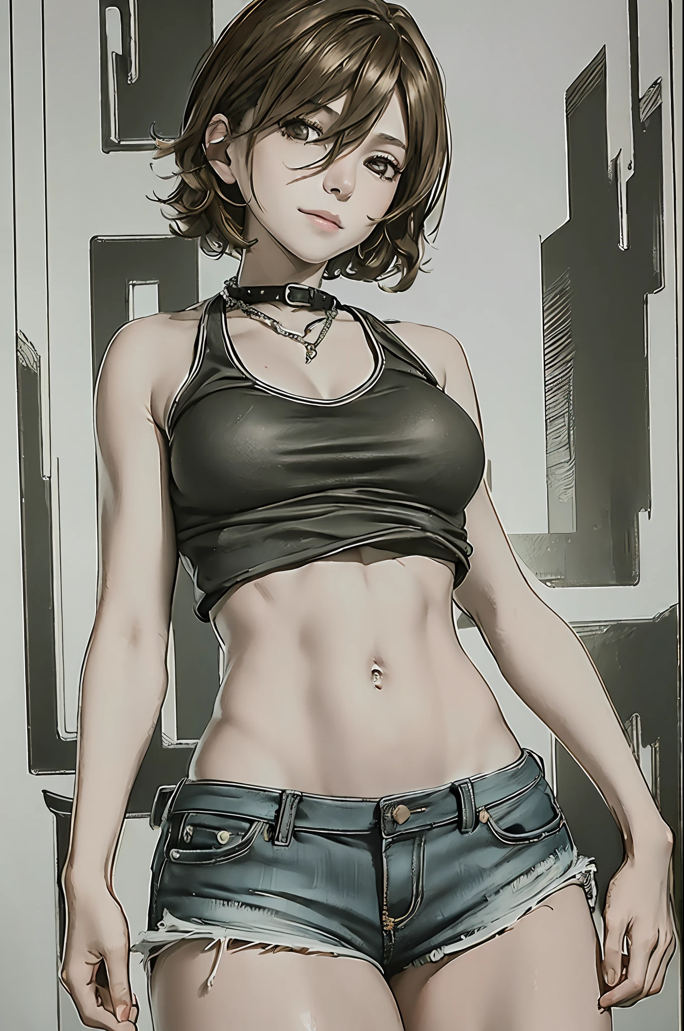 ((mid-breasted, tomboyish, head small)), daylight, sunlight, (chiseled abs: 1.1), (perfect body: 1.1), (short wavy hair: 1.2), reddish brown hair, collar, chain, full body shot, crowded street, black tank top, jeans jacket, (shorts)), (very detailed CG 8k wallpaper), (very delicate and beautiful), (masterpiece), (best quality: 1.0), (Ultra High Resolution: 1.0), Beautiful Lighting, Perfect Lightning, Realistic Shadows, [High Resolution], Detailed Skin, Super Detail, Smile