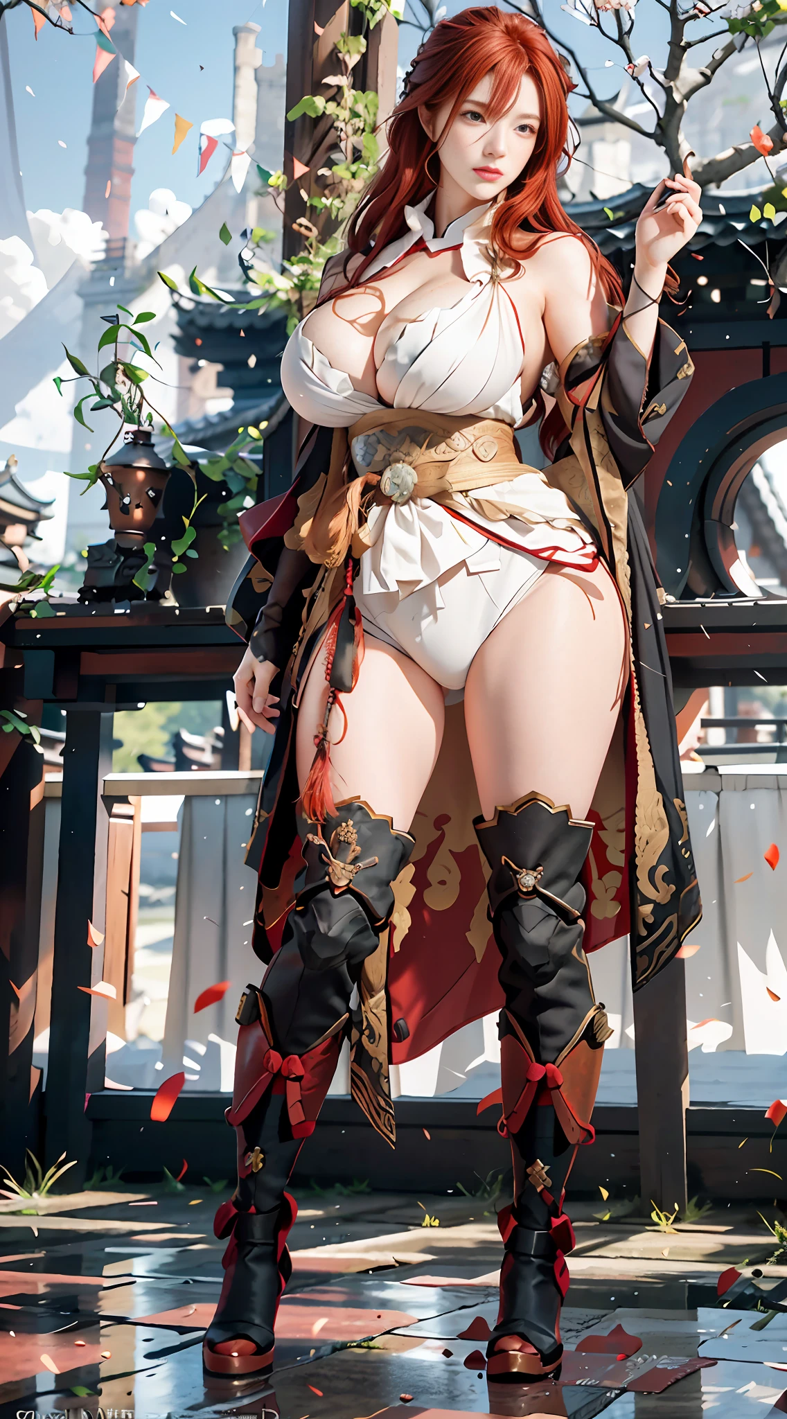 Unreal Engine 5 Realistic Rendering, Red hair, physically-based rendering, RAW photo, highly detailed background, Standing on kyoto castle, high res, beautiful face, top body is hyperrealistic thicc muscle and hyper largest_breasts!! with the type of boobs_melons, lower is huge buttocks,