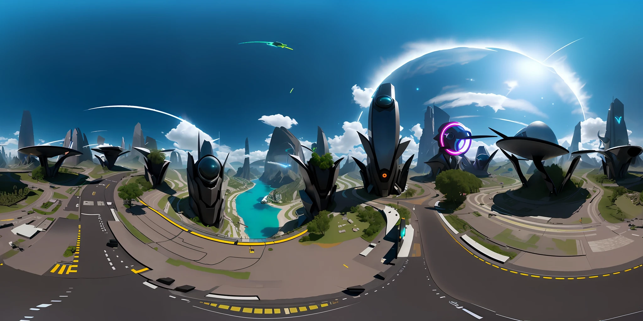 arafed view of a futuristic city with a river and a plane, 3 6 0 render panorama, wide angle scifi landscape, futuristic setting, futuristic world, futuristic space port, rendered in nvidia's omniverse, futuristic landscape, in fantasy sci - fi city, futuristic environment, futuristic alien city, futuristic. game cg, futuristic valley, space port city