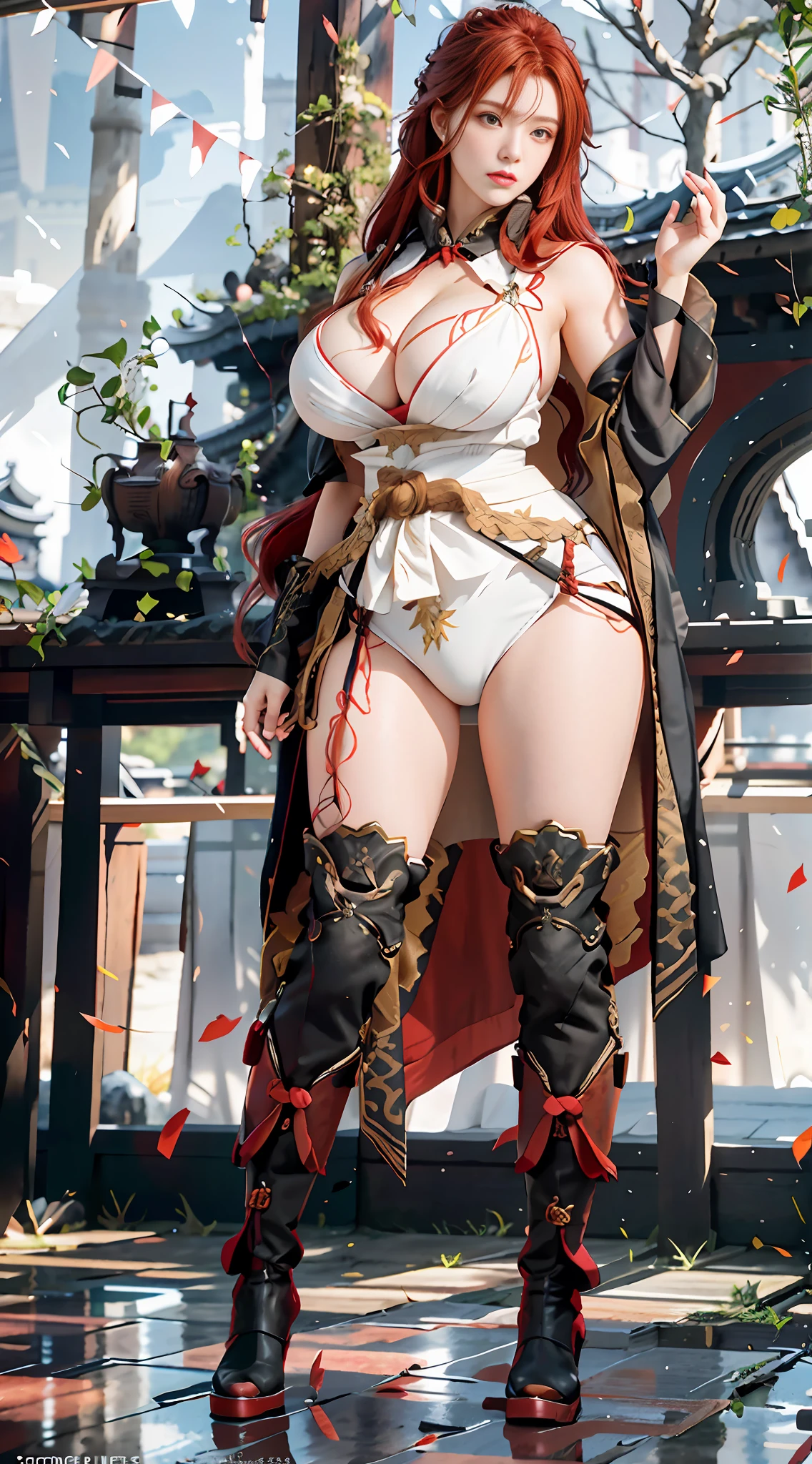 Unreal Engine 5 Realistic Rendering, Red hair, physically-based rendering, RAW photo, highly detailed background, Standing on kyoto castle, high res, beautiful face, top body is hyperrealistic thicc muscle and hyper largest_breasts!! with the type of boobs_melons, lower is huge buttocks,