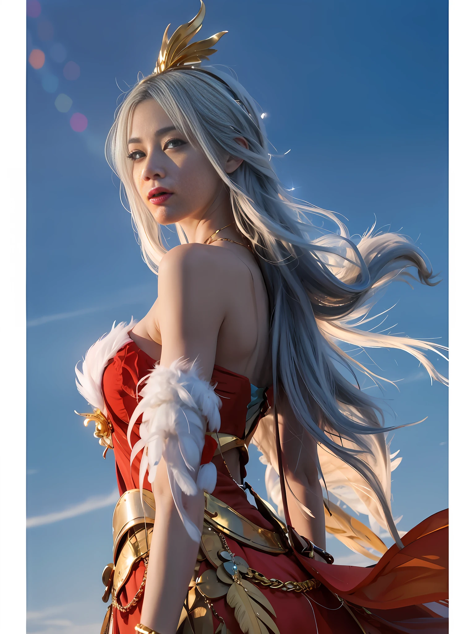 Best quality, best lighting, superb photo, best texture, silver blue flowing long hair, simple braided hair, sensual intellectual cool temperament beauty, red long skirt, low-cut tucked outside beauty, ferret hair embellishment, gold exquisite belt, perfect body, pointed long and exquisite hair accessories, sense of atmosphere, perfect sideways, Arad woman in red dress with feathers on her head, Tifa Lockhart with white hair, anime girl cosplay, long white hair, long white hair, popular on cgstation, Portrait of a Zodiac Girl Knight, White-Haired God, from Final Fantasy, by Yang J, Pop on CGSTATION, [Popular on CGSOCIETY]!, White-Haired