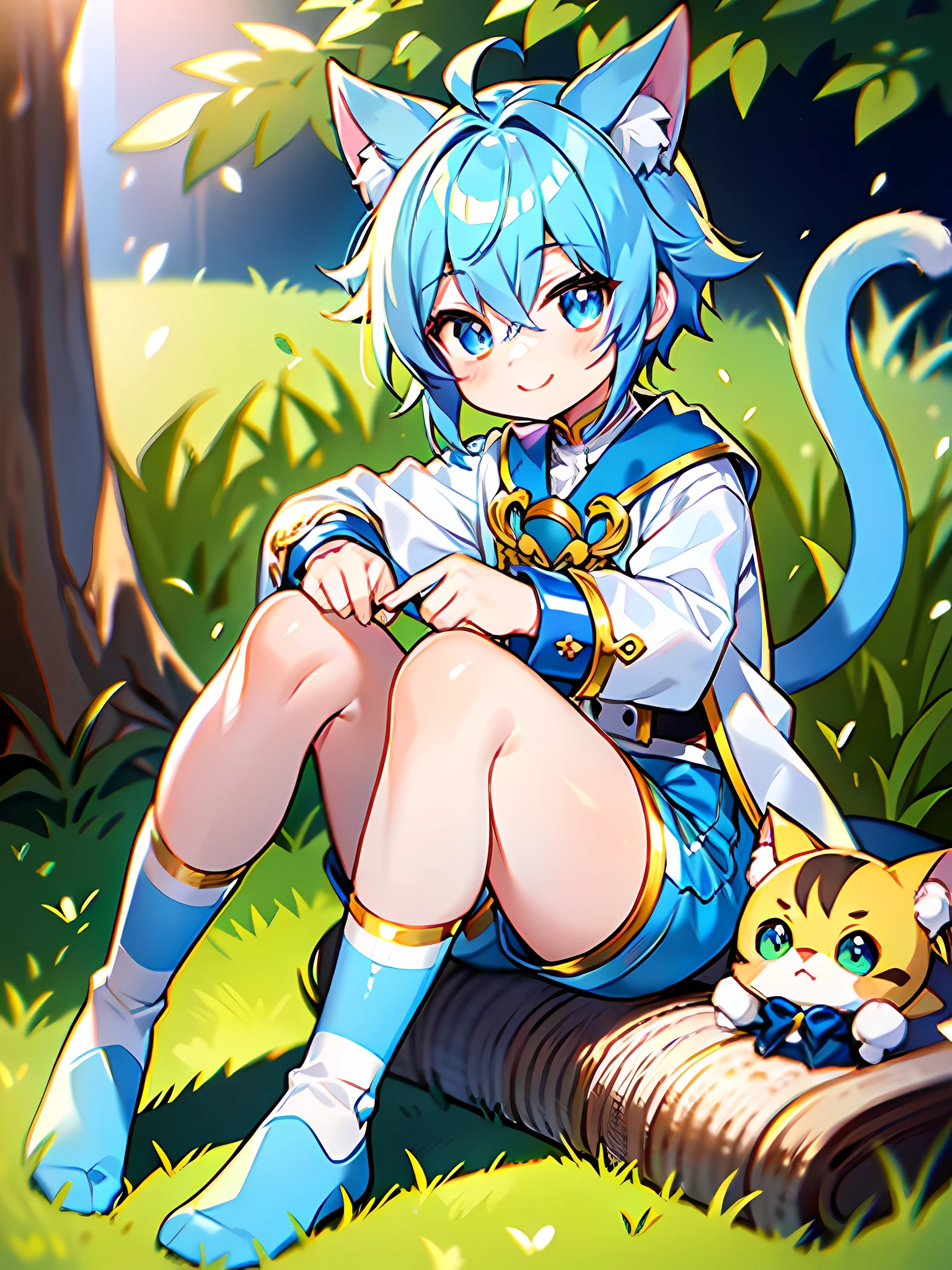 Panorama, Character Focus, Single, Anime, Two-dimensional, Boy, Boy, Genshin, Chongyun, Cat Ears, Furry Tail,  Boy, Cute, Shota, Young, Bright Eyes (Blue), Light Blue Hair, White European Noble Vintage Clothes (with blue stripes and gold accessories), Shorts, Blue and white socks, No shoes, sitting, legs-baring, happy, Smile, background with light blue sky and grass, high proportion of characters, HD characters