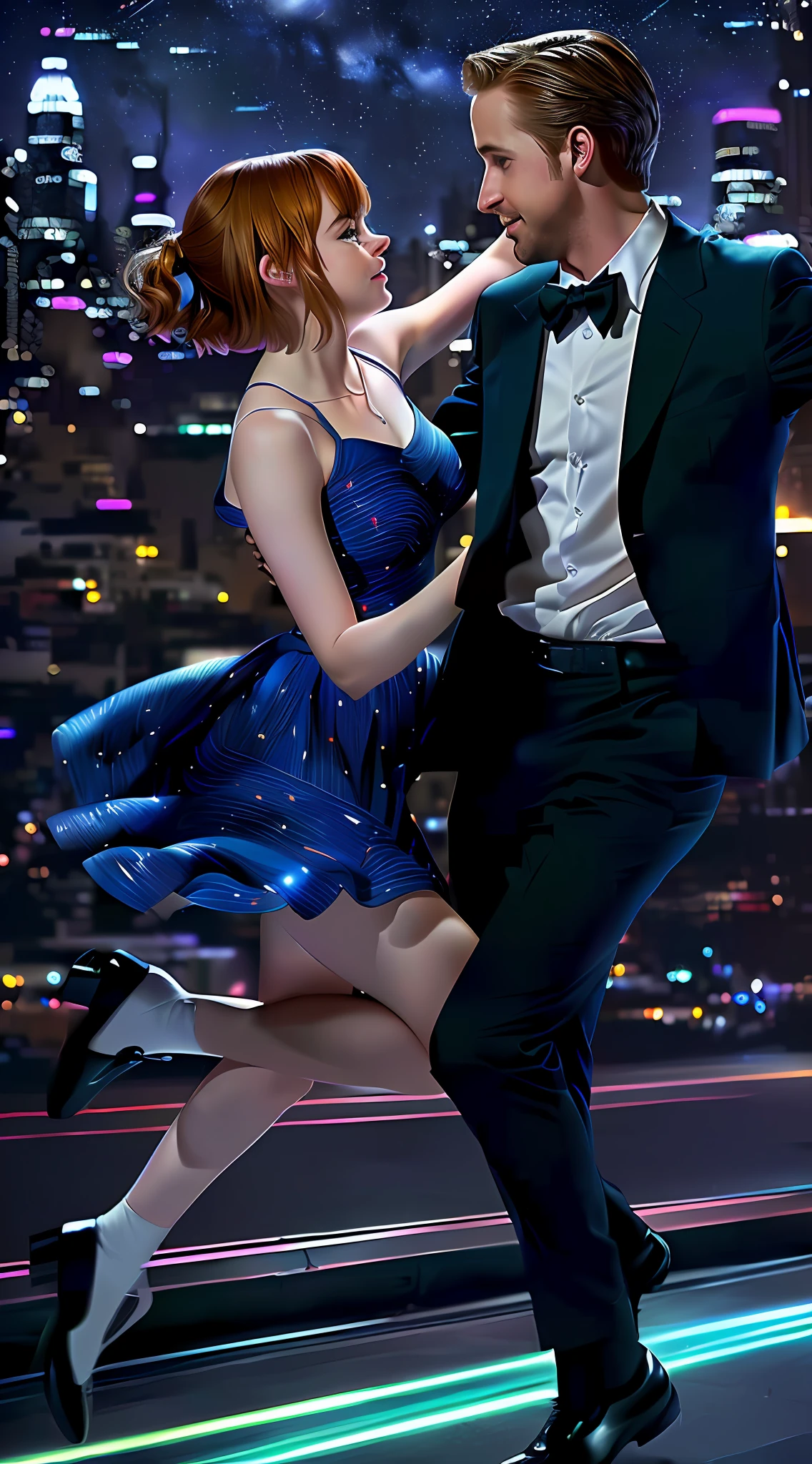 Create a mesmerizing image inspired by the romantic chemistry between Emma Stone and Ryan Gosling in 'La La Land.' They are seen passionately dancing in a futuristic, sci-fi cityscape. detailed faces,The city should be adorned with neon lights, floating vehicles, and skyscrapers that stretch into the starry night sky, blending elements of romance and science fiction seamlessly, detailed face, photo realistic, fix faces