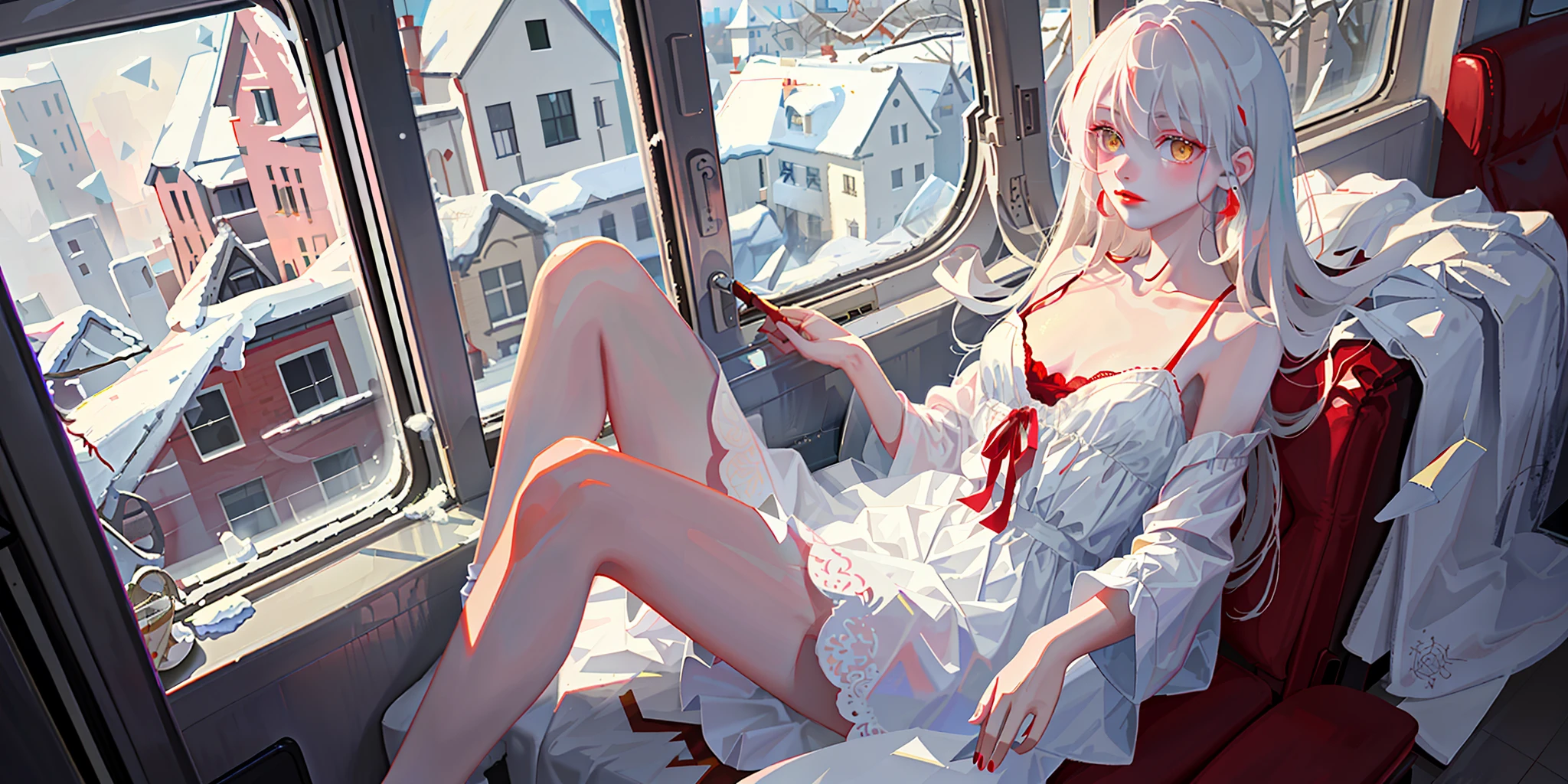 Highest quality, god, masterpiece, melancholy girl, slightly drunk makeup, red lips, exquisite CG, HD, absolutely beautiful, dreamy, light and shadow, white messy long hair, very long hair, yellow eyes, low neckline white dress, collarbone, sitting by the train window, (drunk, blush, half-closed, looking out the window), laughing, red lips, bent legs, leaning against the window, snowing, slender, snowing outside the window