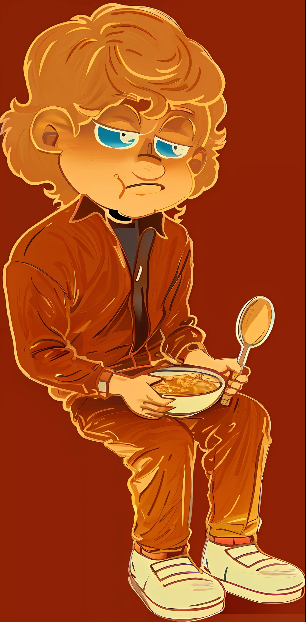 cartoon of a man sitting on a toilet with a bowl of cereal, eating spaghetti from a bowl, harry volk clip art style, cereal mascot, eating spaghetti, in a red dish, overflowing with baked beans, digitally colored, mapo tofu cartoon, mom's spaghetti he's nervous, starving artist wearing overalls, fred flintstone eating tamales, sloppy