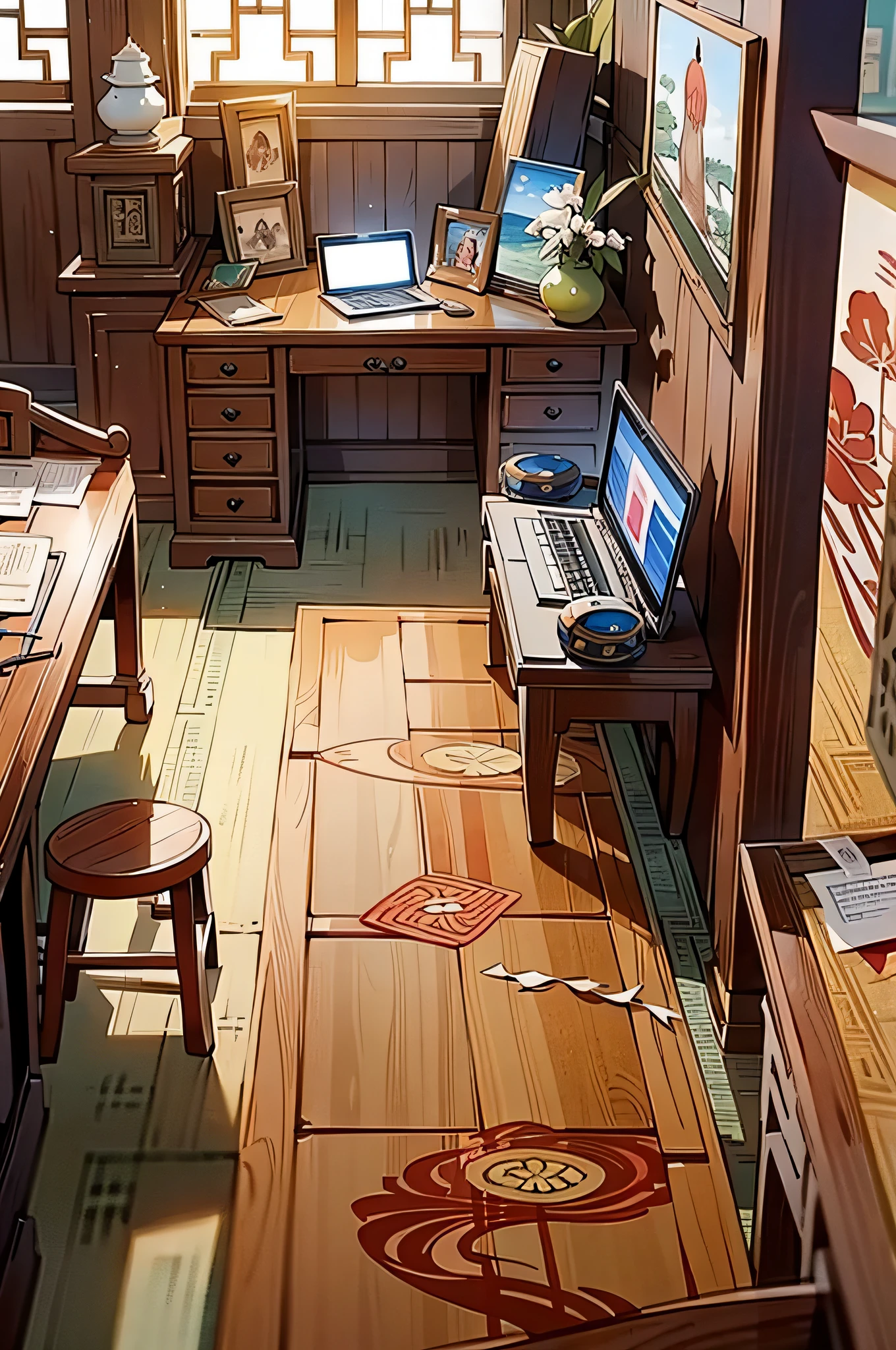 In the background is a Chinese Tang Dynasty study with several laptops and tablets and a guzheng on the desk