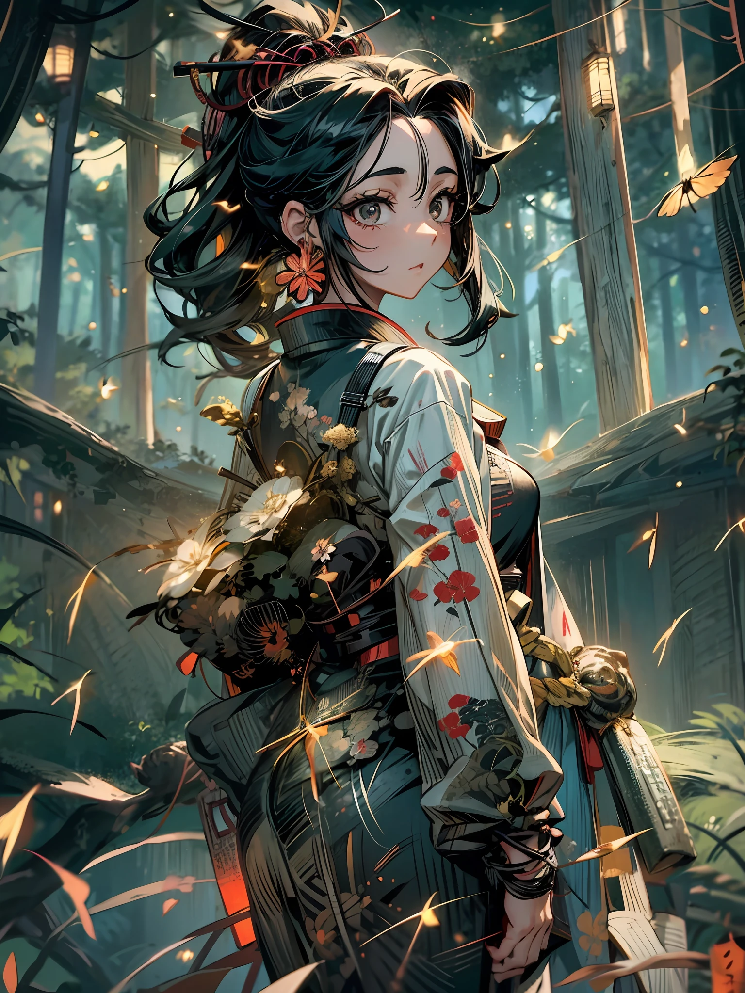 1girl yaoyorozu momo black hair ponytail hair pulled back black eyes large breasts casual outfit, forest, fireflies, night, happy, looking back, amazed, overlay, jppop art style, japanese style