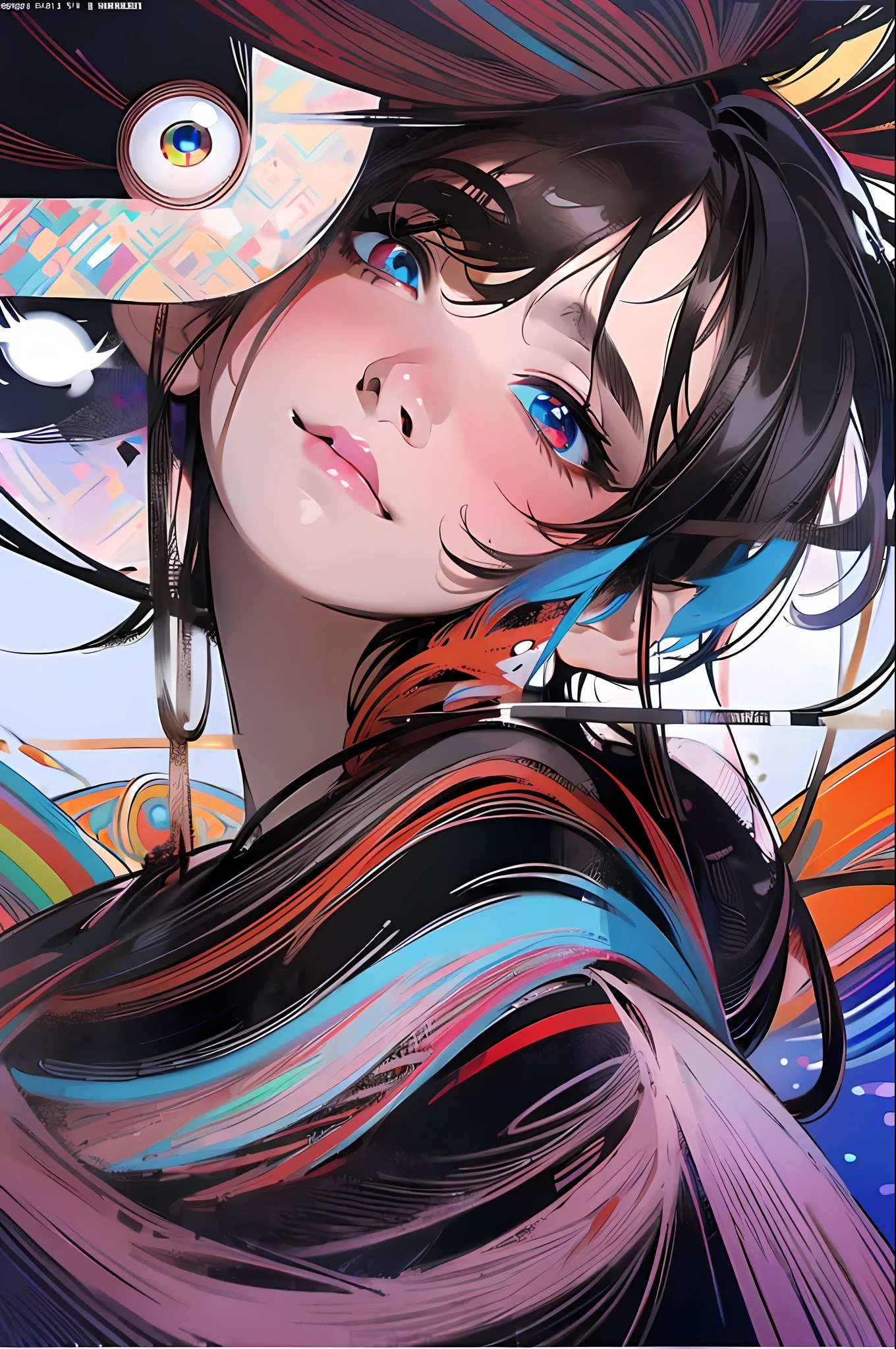 Absurd, High Resolution, Ultra Detailed, 1 Girl, Solo, Highly Detailed Eyes, (Official Art, Beautiful and Aesthetic: 1.2), (1 Girl), Extreme Detail, (Fractal Art: 1.3), Colorful, Supreme Detail, Black Hair, Short Hair, Odd Eye (Left eye is blue, Right eye is Red), Sitting with feet on a hot spring