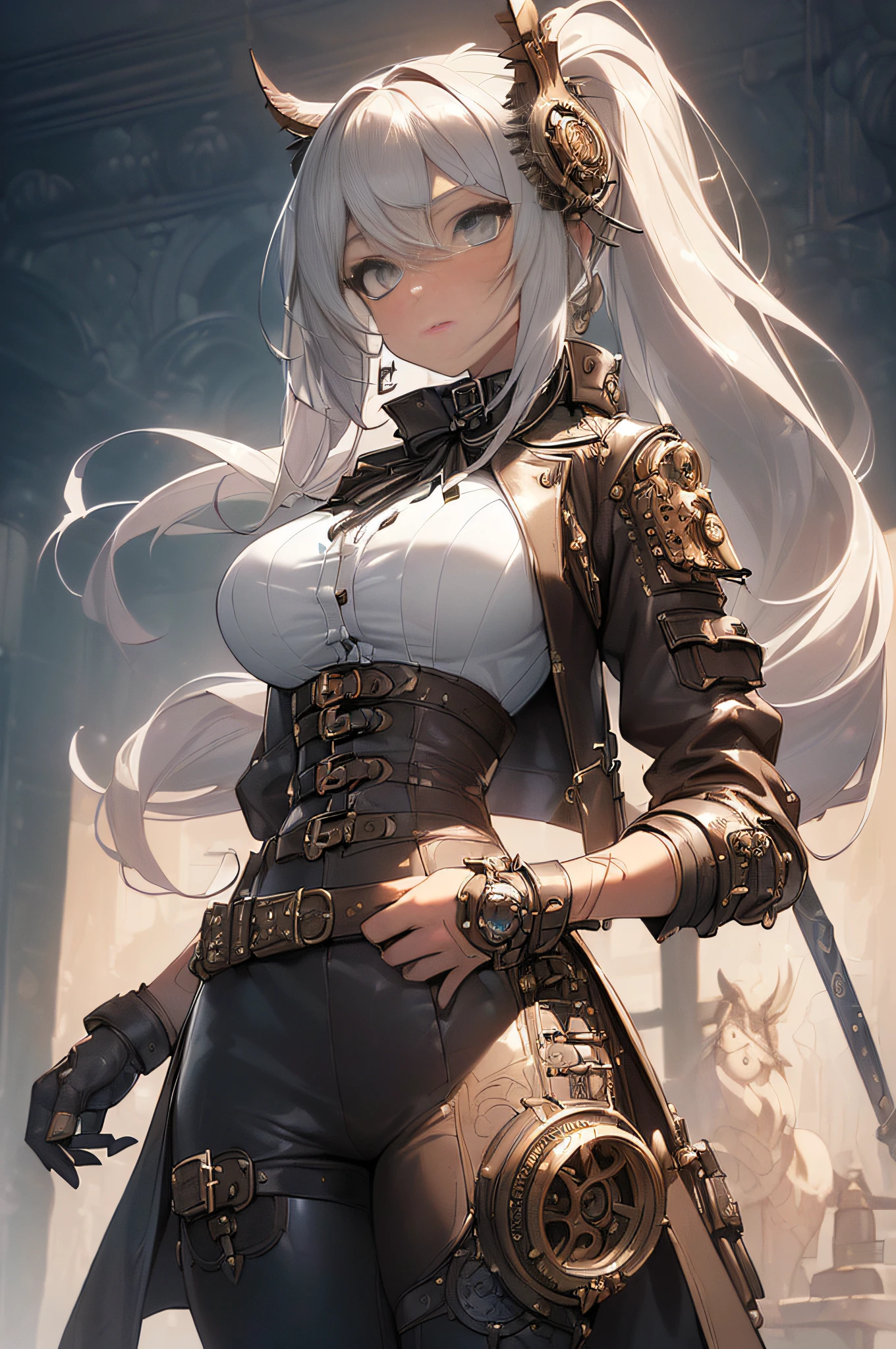 [Detailed illustrations, art based on extremely ideal anatomy, very detailed and detailed drawings, slow and delicate lines, realistic texture expression],(((Color tressed main lines)),(Artwork with outstanding craftsmanship),(Western ghost town background),HENTAI ANIME Girl Japanese Beauty 18 years old Ponytail Very big breasts (AUTOMATON) (( Gunslinger),(Raven) Leather coat ((Bullet belt)),((Dull metallic luster)),(Steampunk Alchemy),((Fine and beautiful skin expression (transparency),((Clear gaze)),((Perfect eye details (Beautifully drawn eyes))),(Beautiful perfect face (Realistic face details)),(Beautiful hair details)),((Perfectly proportioned proportions) ),(Design built to a high level,((Advanced structural understanding of materials)),Ideal color coordination),(((Artistic decoration)))((Dense detail)),((Detail,High definition)),[(Ultra-precision detail),((Multilayer texture)),HighQuality,High Resolution],(Accurate simulation of light-material interactions, Understanding of air flow, mechanically correct expression))), ((visual art that conveys a sense of narrative)).