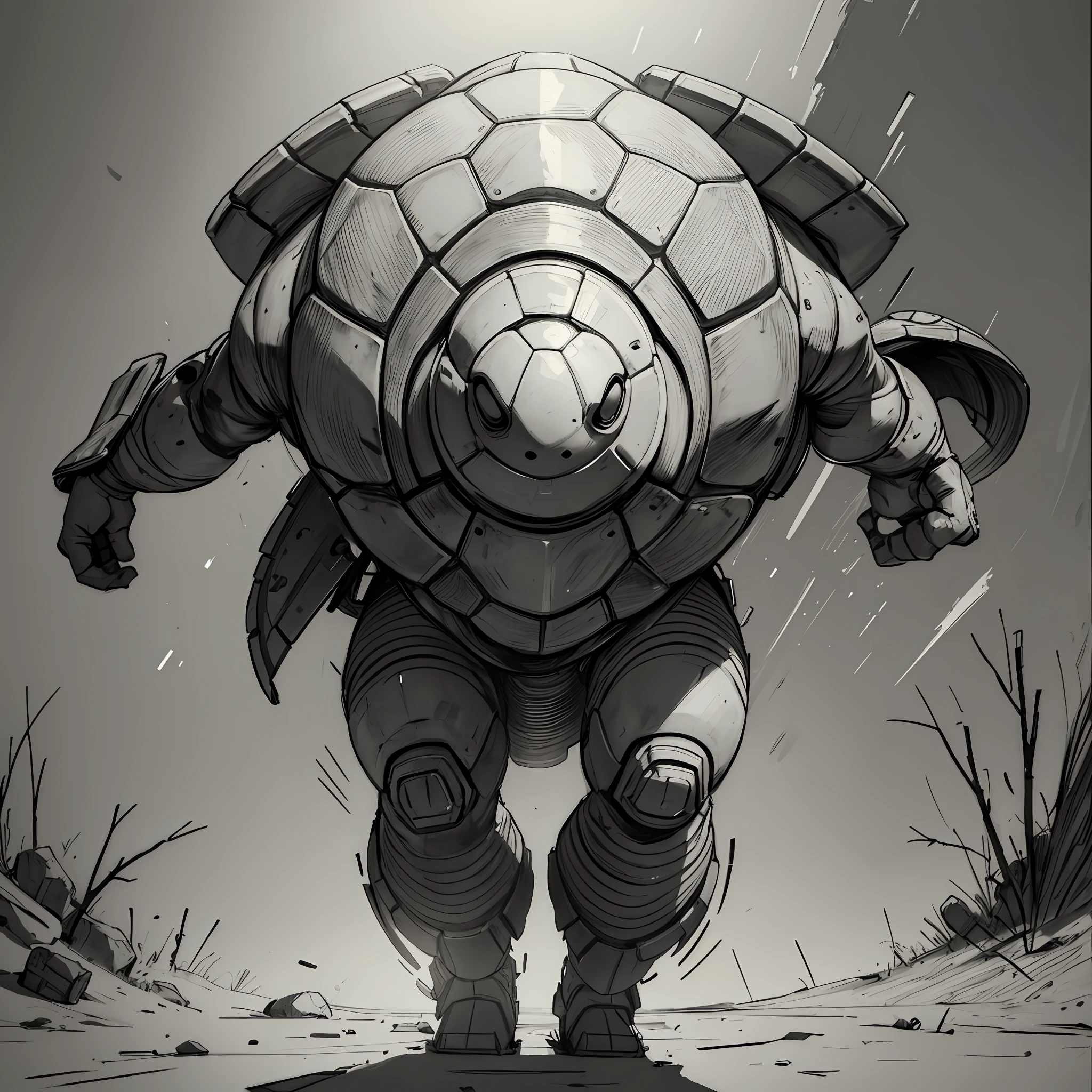 battle damage, turtle, scan, black and white, sketch, light and shadow, projection, --auto --s2