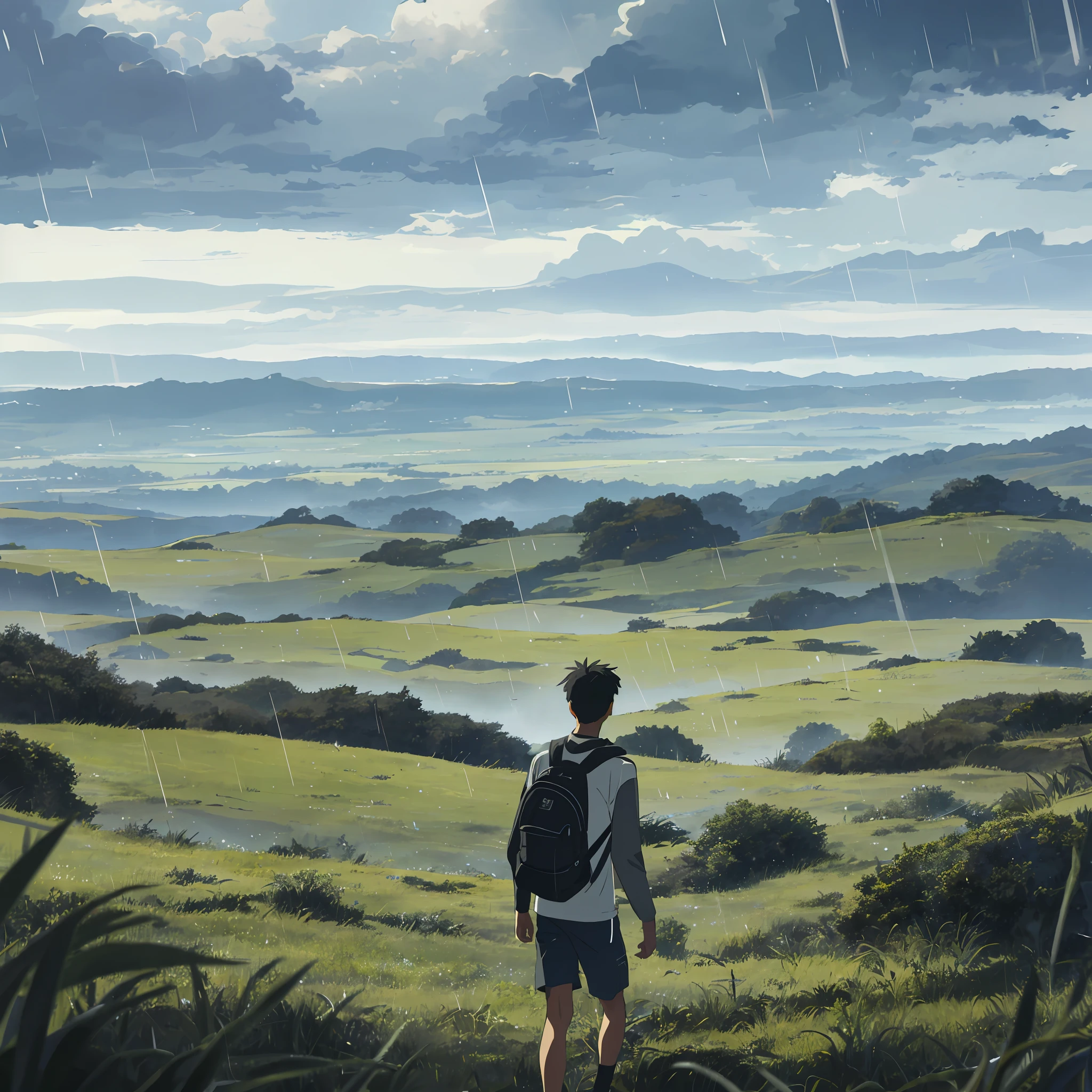 The vast sky with mild raining, large grass plain, moving visual effects, grey natural light, and a young man wearing a white long-sleeved top and shorts with a black backpack can be faintly seen in the distance in the middle of the plain.