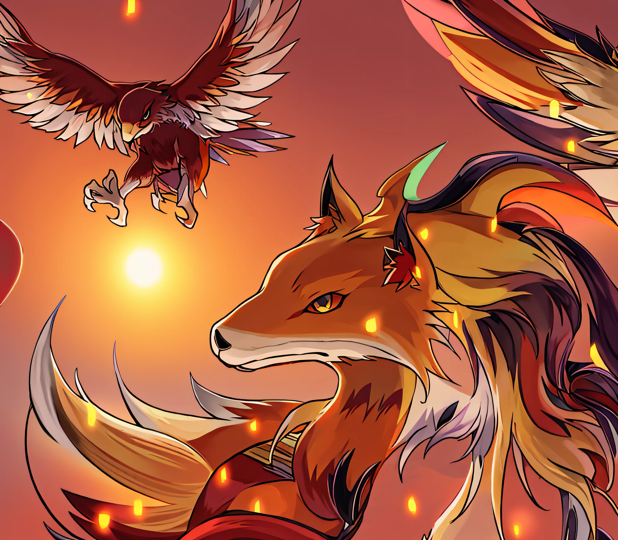 anime image of a fox and a bird flying in the sky, ''wallpaper of a phoenix resting, buizel and human fusion, very very beautiful furry art, avian!!! fursona, ''wallpaper of a phoenix, marco the phoenix, artwork of a phoenix, fursona art, ninetales, fire type, phoenix-inspired, fox nobushi