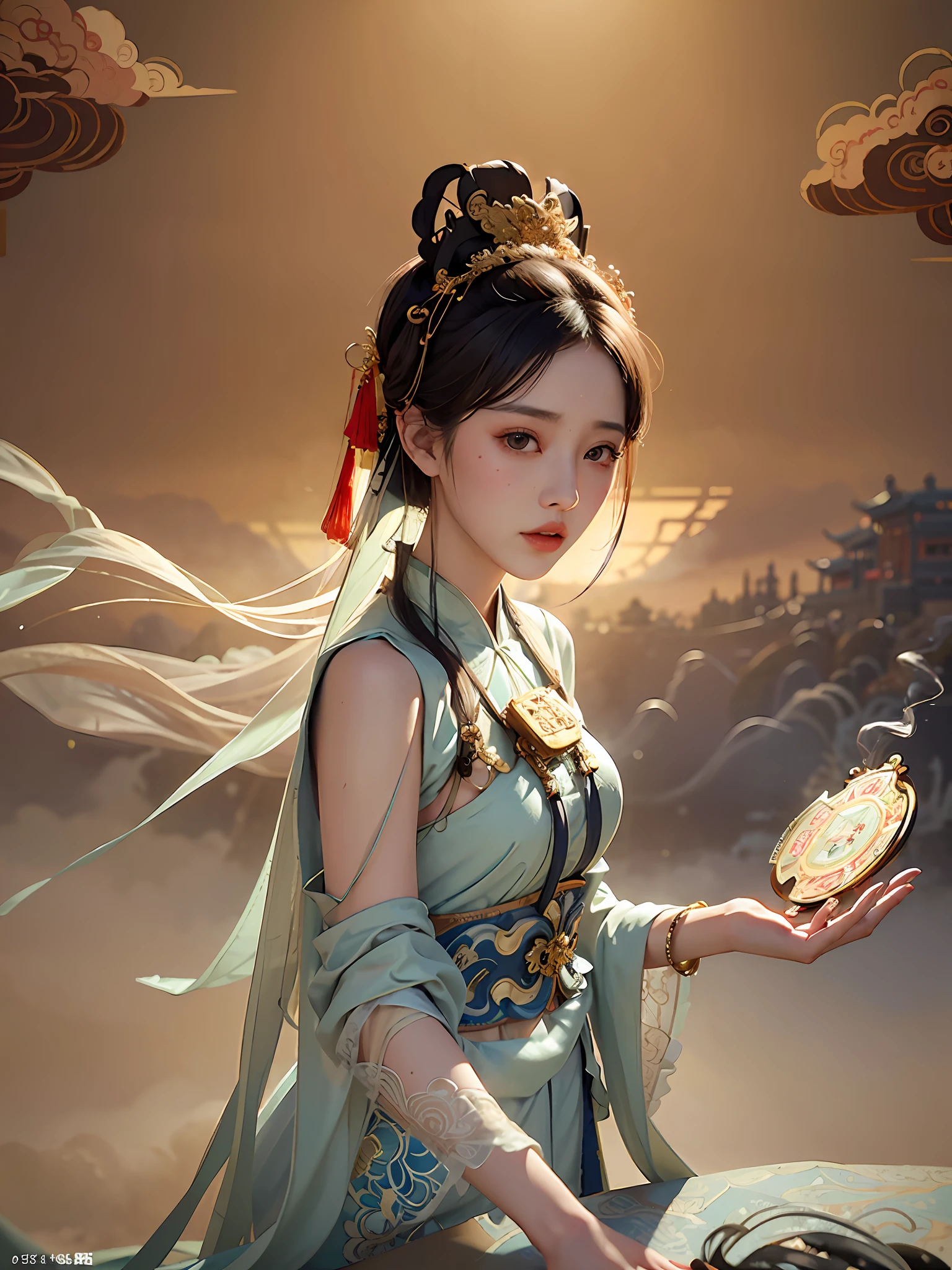 nsfw,masterpiece, best quality, (dark photo:1.3), photorealistic, 1girl, ulzzang, (PureErosFace_V1:0.7), 1 girl ((flying)) under moon ,Chinese immortals,dunhuang_cloths,dunhuang_style, (background is chinese Palace on Heavenly:1.5), (The ground is filled with clouds:1.5, surrounded by smoke:1.5), best quality, realistic, photorealistic, award-winning illustration, (intricate details:1.2), (delicate detailed), (intricate details), (cinematic light, best quality Backlights), clear line,fashion girl, sharp focus, realistic face,detailed face,official art, unity 8k wallpaper, ultra high res, (photorealistic:1.5), looking at viewer, ulzzang-6500,