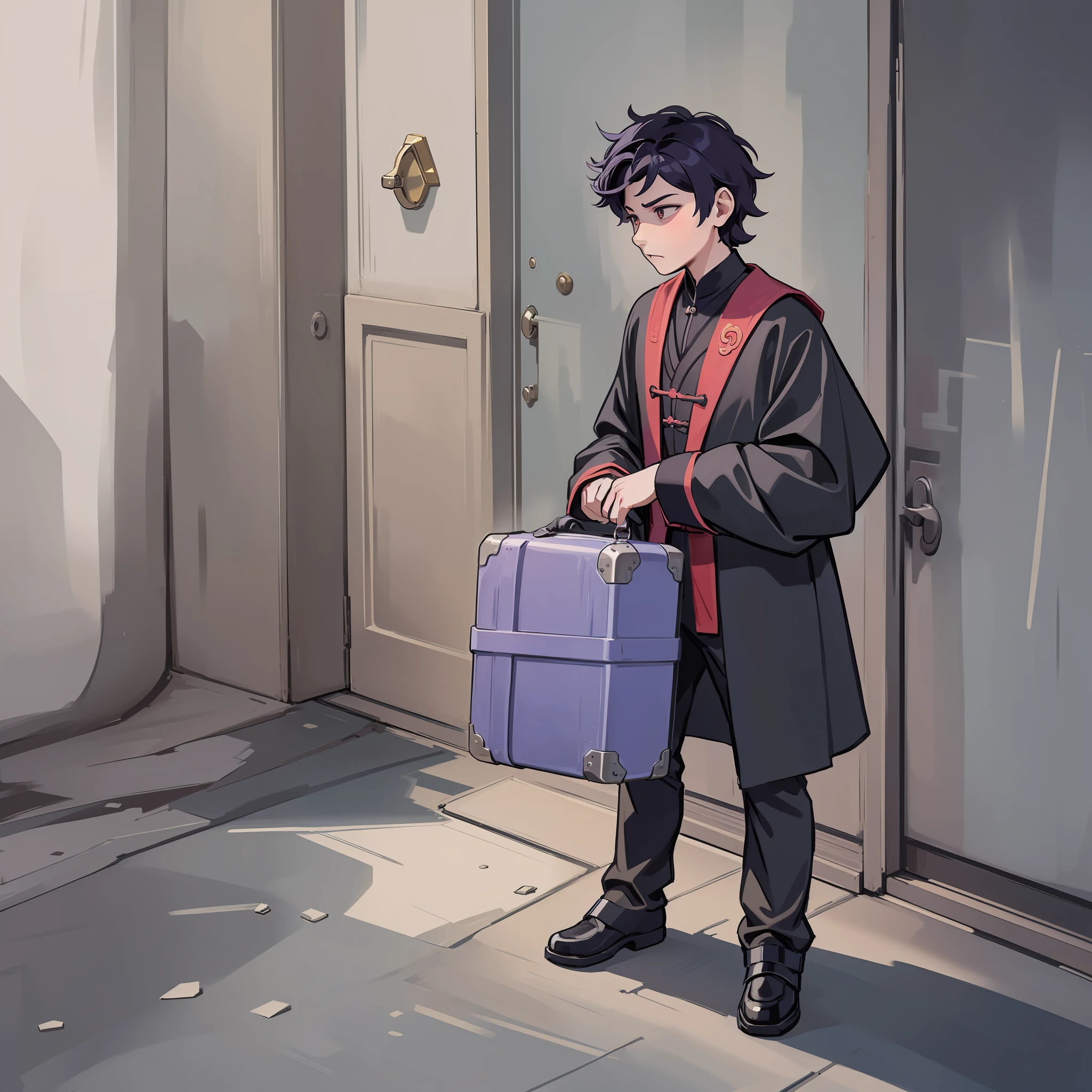 Boy, carrying a large luggage, serious expression, house doorway, Taoist uniform, horror atmosphere, coolness, desolation, doomsday atmosphere, cold colors, dim light, flat lines