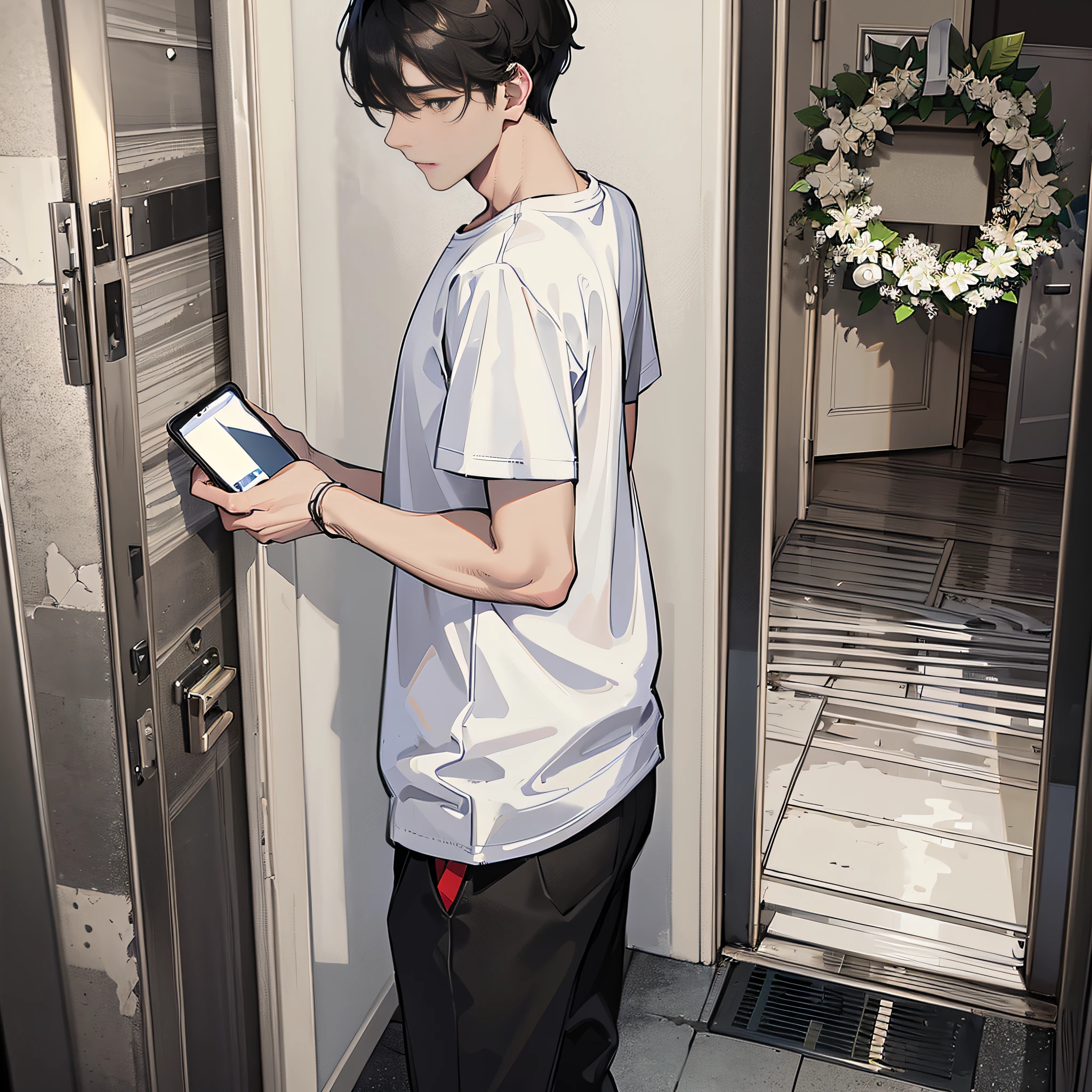 At the door of the dormitory, there is a handsome boy, short black hair, black eyes, white T-shirt and short sleeves, five or six white wreaths on the ground, a lot of wreaths placed at the door, take out the mobile phone to take pictures, super detailed, 4k, super detailed