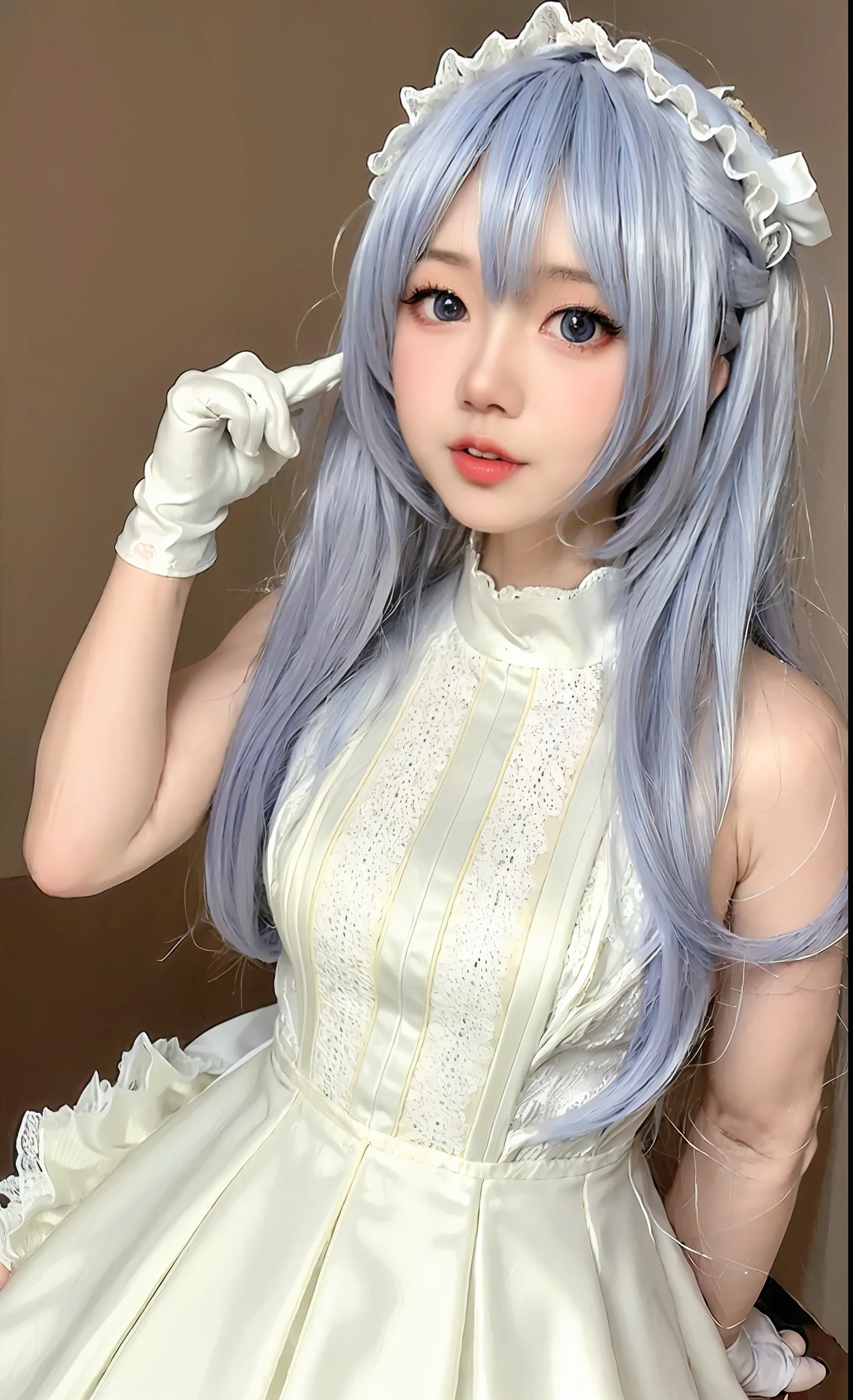 (photorealistic picture:1.55),(ulzzang-6500:0.65), masterpiece, best quality, detail, blurry, depth_of_field, blurry_background, blurry_foreground, 1girl, gloves, white_gloves,side shot, dress, motion_blur, photo_\(medium\), solo, white_dress