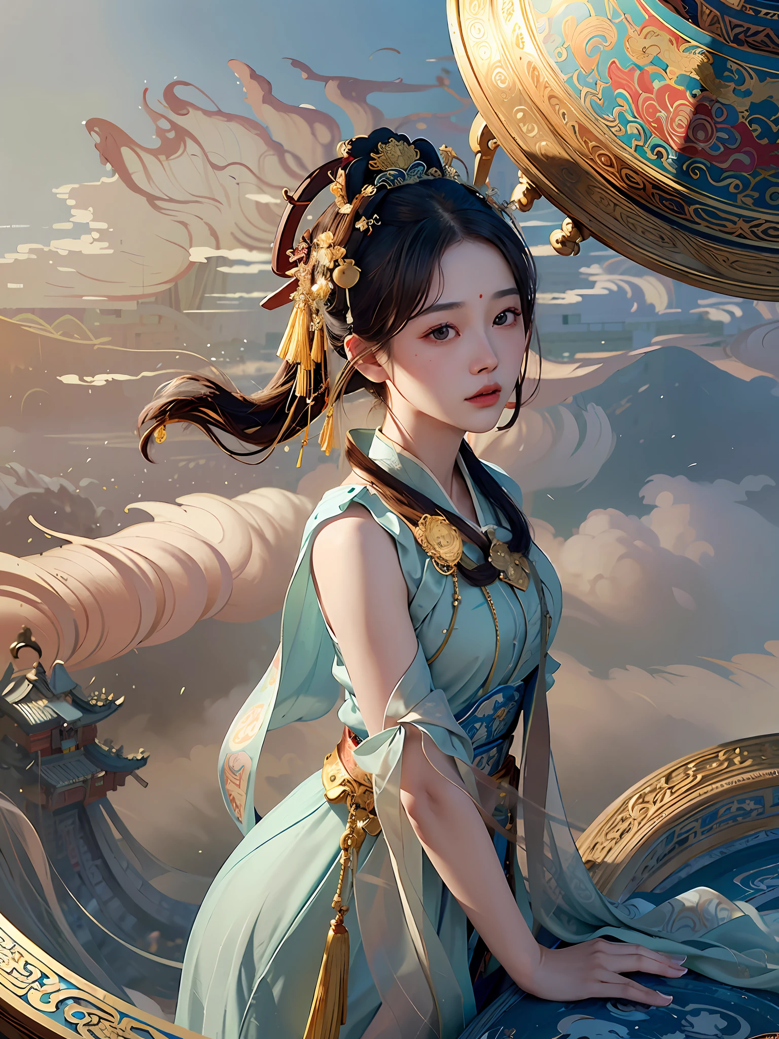nsfw,masterpiece, best quality, (dark photo:1.3), photorealistic, 1girl, ulzzang, (PureErosFace_V1:0.7), 1 girl ((flying)) under moon ,Chinese immortals,dunhuang_cloths,dunhuang_style, (background is chinese Palace on Heavenly:1.5), (The ground is filled with clouds:1.5, surrounded by smoke:1.5), best quality, realistic, photorealistic, award-winning illustration, (intricate details:1.2), (delicate detailed), (intricate details), (cinematic light, best quality Backlights), clear line,fashion girl, sharp focus, realistic face,detailed face,official art, unity 8k wallpaper, ultra high res, (photorealistic:1.5), looking at viewer, ulzzang-6500,