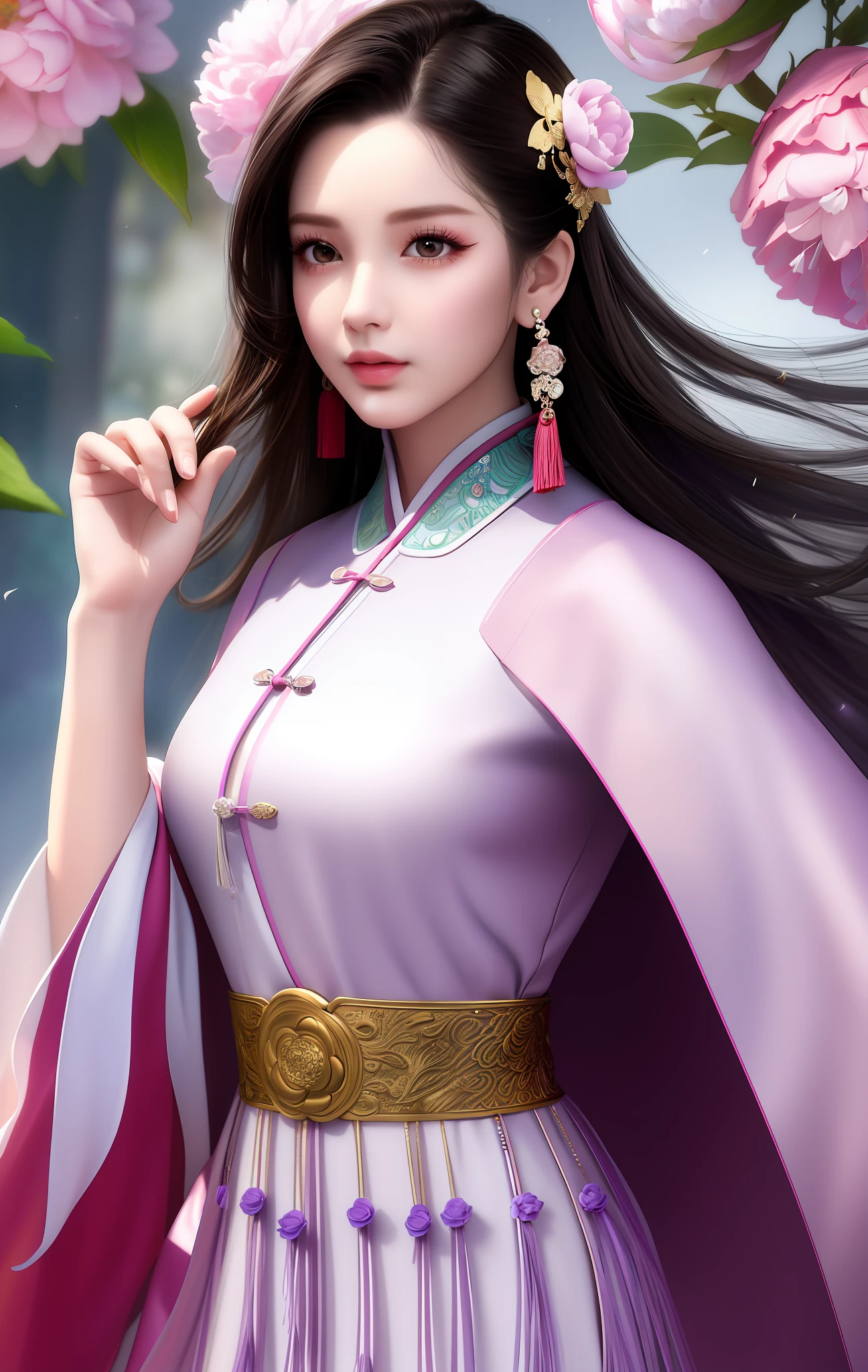 Best quality, masterpiece, large part of the body, (background: garden), 1 girl, mature woman, Chinese style, ancient China, sister, dancer, dark brown hair, dark hair, princess cut, twisted hair, ribbon, light pink lips, calm, intellect, purple eyes, tassel, silver thread, beads, peony flowers, robe, cape, silk skirt, embroidery, delicate face, close-up, light-colored clothing, pretty face, realistic, edge lighting, two-tone lighting, two-tone lighting (High detail skin: 1.2), 8k UHD, SLR, soft light, high quality, photo, high resolution, 4k, 8k, background blur