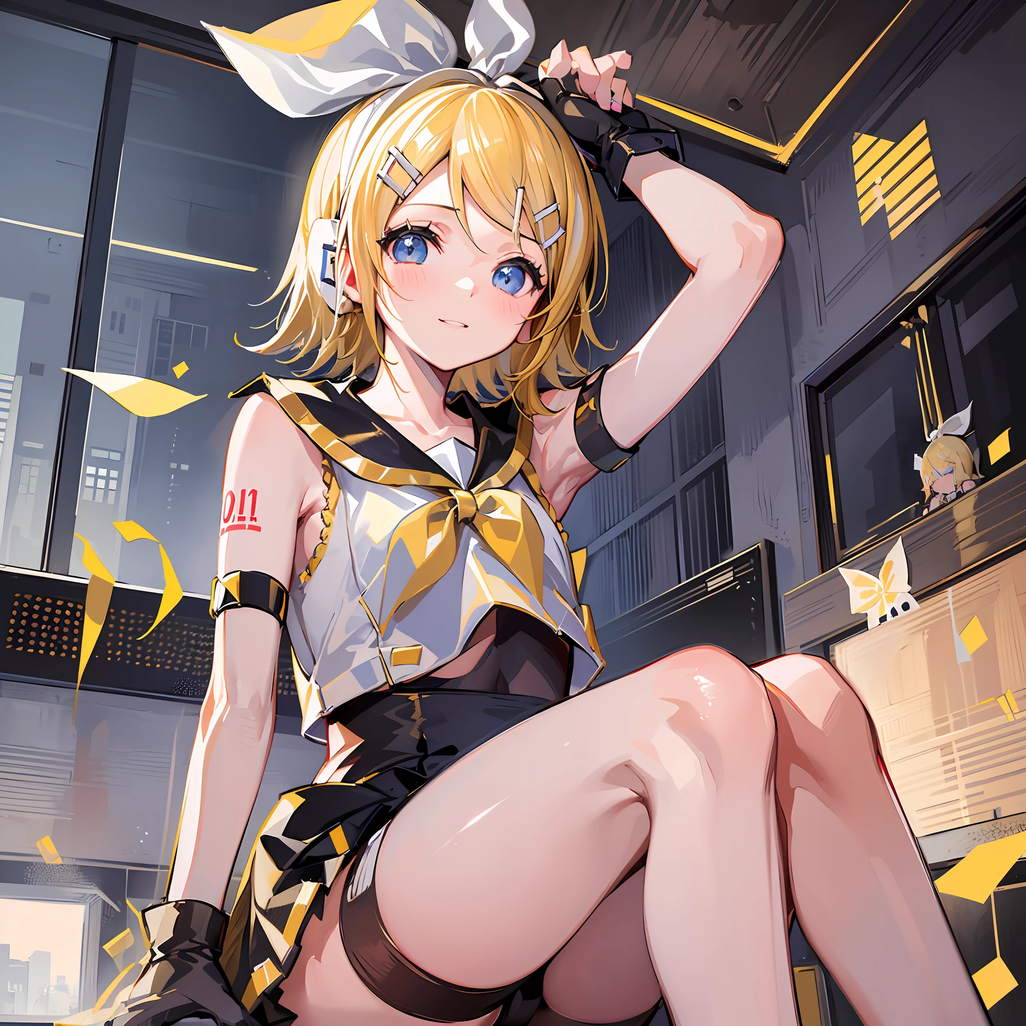 (Masterpiece), (Best Quality), (Illustration), (Ultra Detailed), (High Resolution), Absurdity, One Girl, (Kagamine_Rin:1.5), (Vocaloid), Shoulders are cut off, Short Hair, Hair Clip, Blush, (Blonde), Very Cute Girl, Small, Young, Delicate, Attention to Girl, Living Room, Cute, She, Smile, Best Moment, Sailor Suit, Black Shortscute, belt, blue eyes, bright eyes, cool