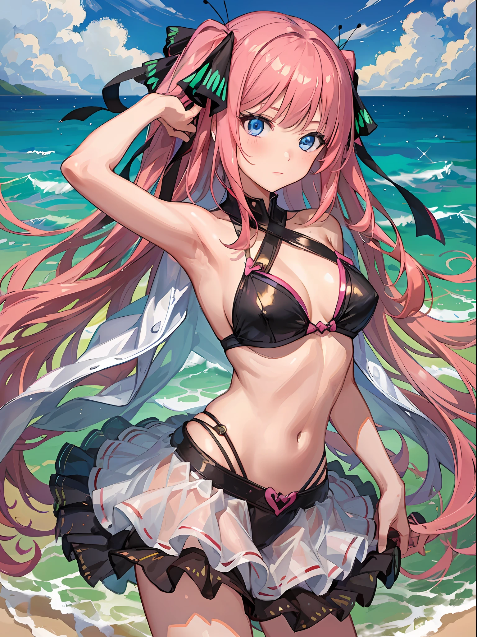 1girl (masterpiece) (highest quality) (shiny hair) (shiny skin), bikini, skirt bikini, dancing princess, nakano nino, pink hair, hair ribbon, butterfly hair ornament,