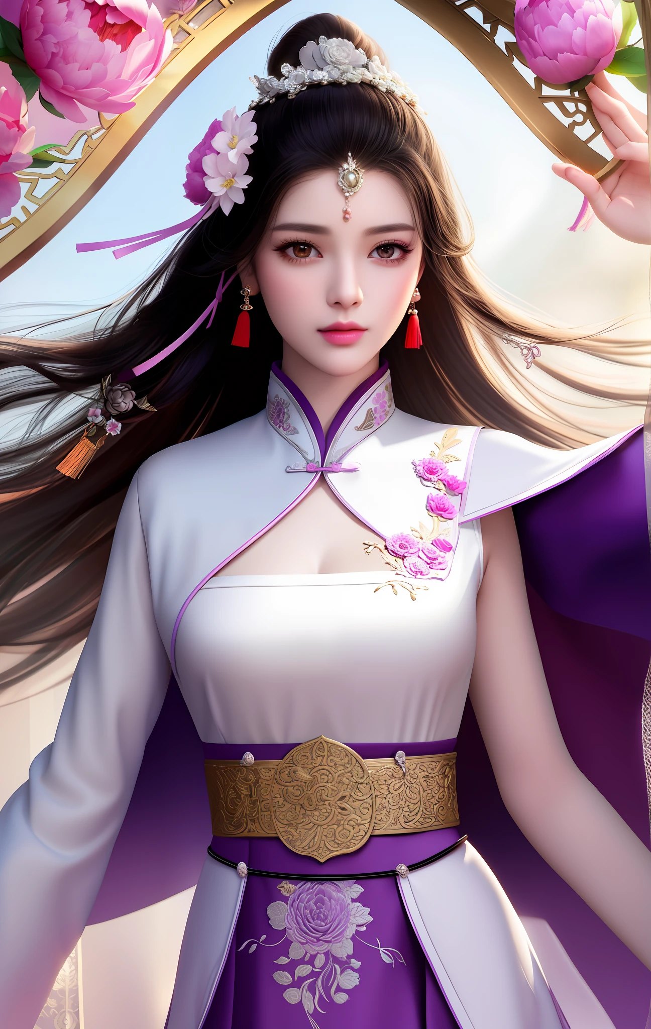 Best quality, masterpiece, large part of the body, (background: garden), 1 girl, mature woman, Chinese style, ancient China, sister, dancer, dark brown hair, dark hair, princess cut, twisted hair, ribbon, light pink lips, calm, intellect, purple eyes, tassel, silver thread, beads, peony flowers, robe, cape, silk skirt, embroidery, delicate face, close-up, light-colored clothing, pretty face, realistic, edge lighting, two-tone lighting, two-tone lighting (High detail skin: 1.2), 8k UHD, SLR, soft light, high quality, photo, high resolution, 4k, 8k, background blur