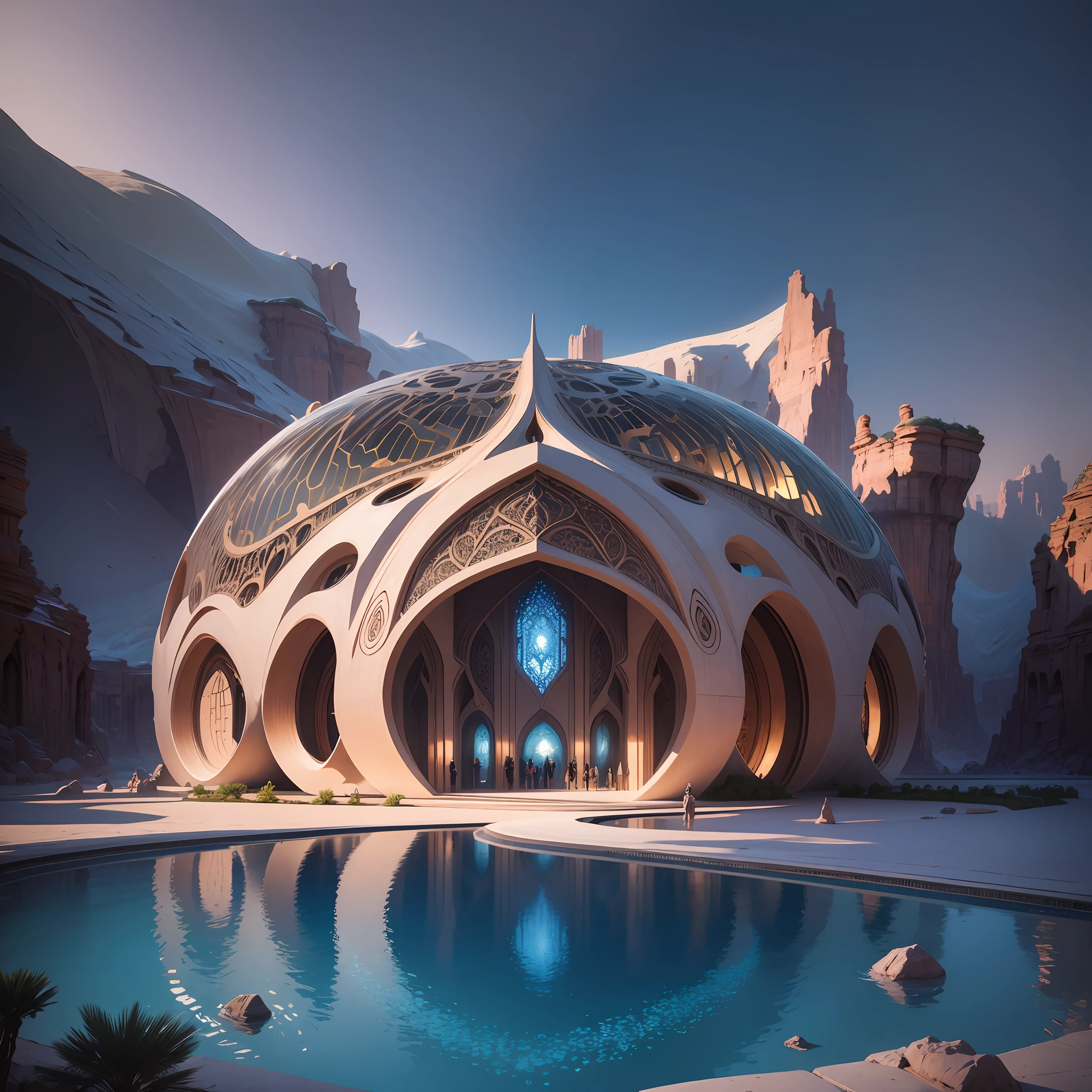 Futuristic islamic architecture design of cave architecture concept art on grand Canyon caves islamic architecture, proportional,detailed, cave architecture nature meets futuristic architecture by Toyo Ito ,residential area, futuristic development, high rise balconies, full of rock and glass facades, residential spaces carved from cliff side ,trending on artstation, beautiful lighting,In the style of Jean Nouvel masterpiece, fantasy, intricate, award winning, 4k, highest quality render --auto --s2