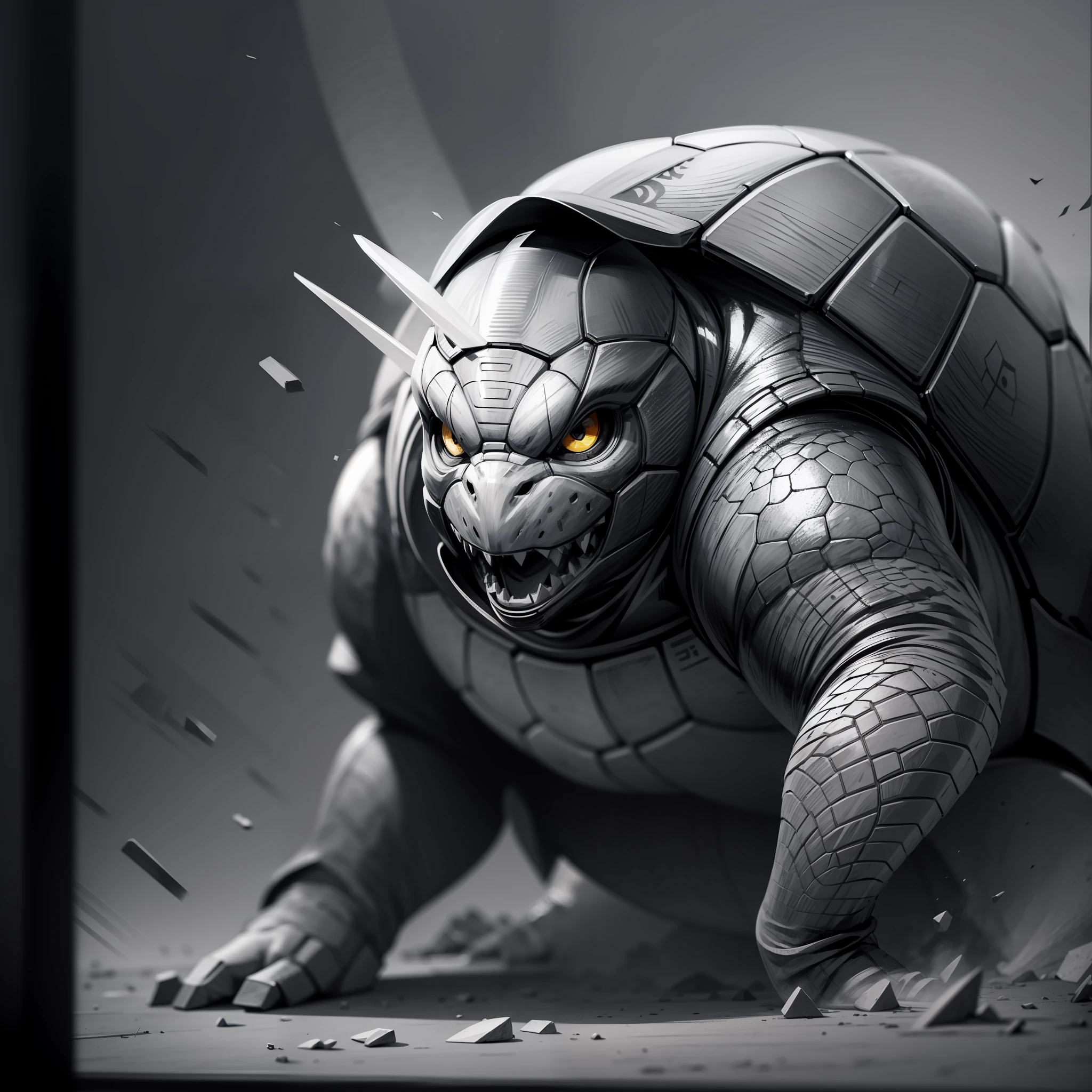 Line style, battle wind, turtle, scan, black and white, sketch, light and shadow, projection, --auto --s2