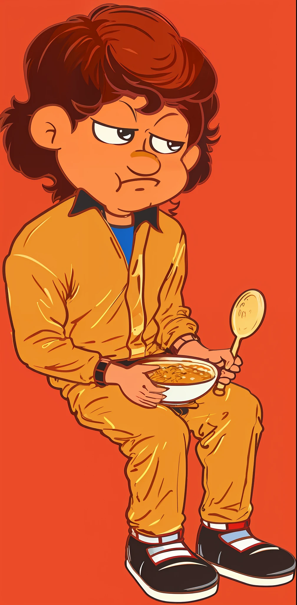 Cartoon of a man sitting on a toilet with a bowl of cereal, eating spaghetti from a bowl, cereal mascot, eating spaghetti, on a red plate, overflowing with roasted beans, digitally colored, mapo tofu cartoon, mother's spaghetti He's nervous, hungry artist wearing overalls, Fred Flintstone eating tamales, sloppy