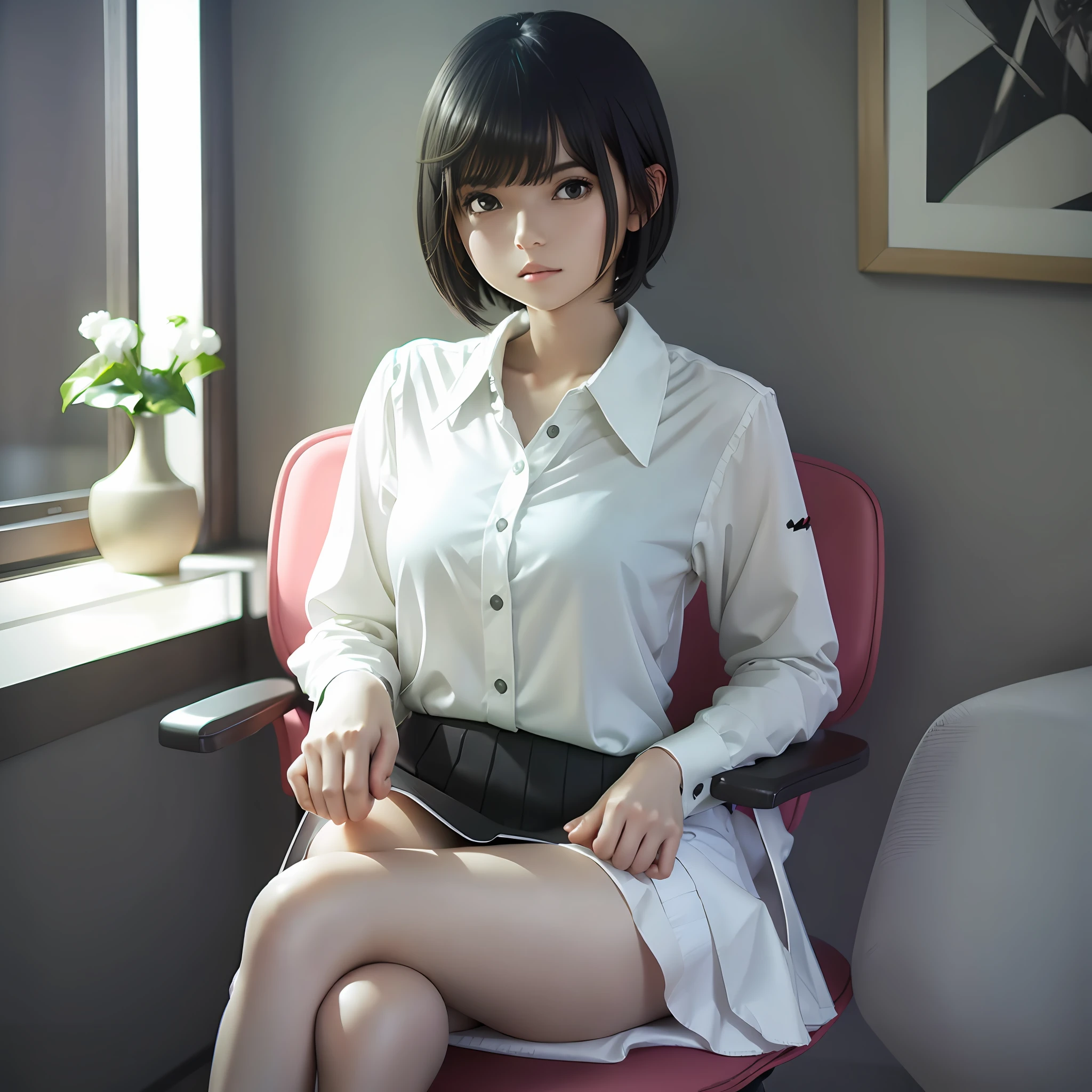 Woman's, short black hair, hands on hips, white shirt, black miniskirt, legs crossed, sitting in chair --auto --s2
