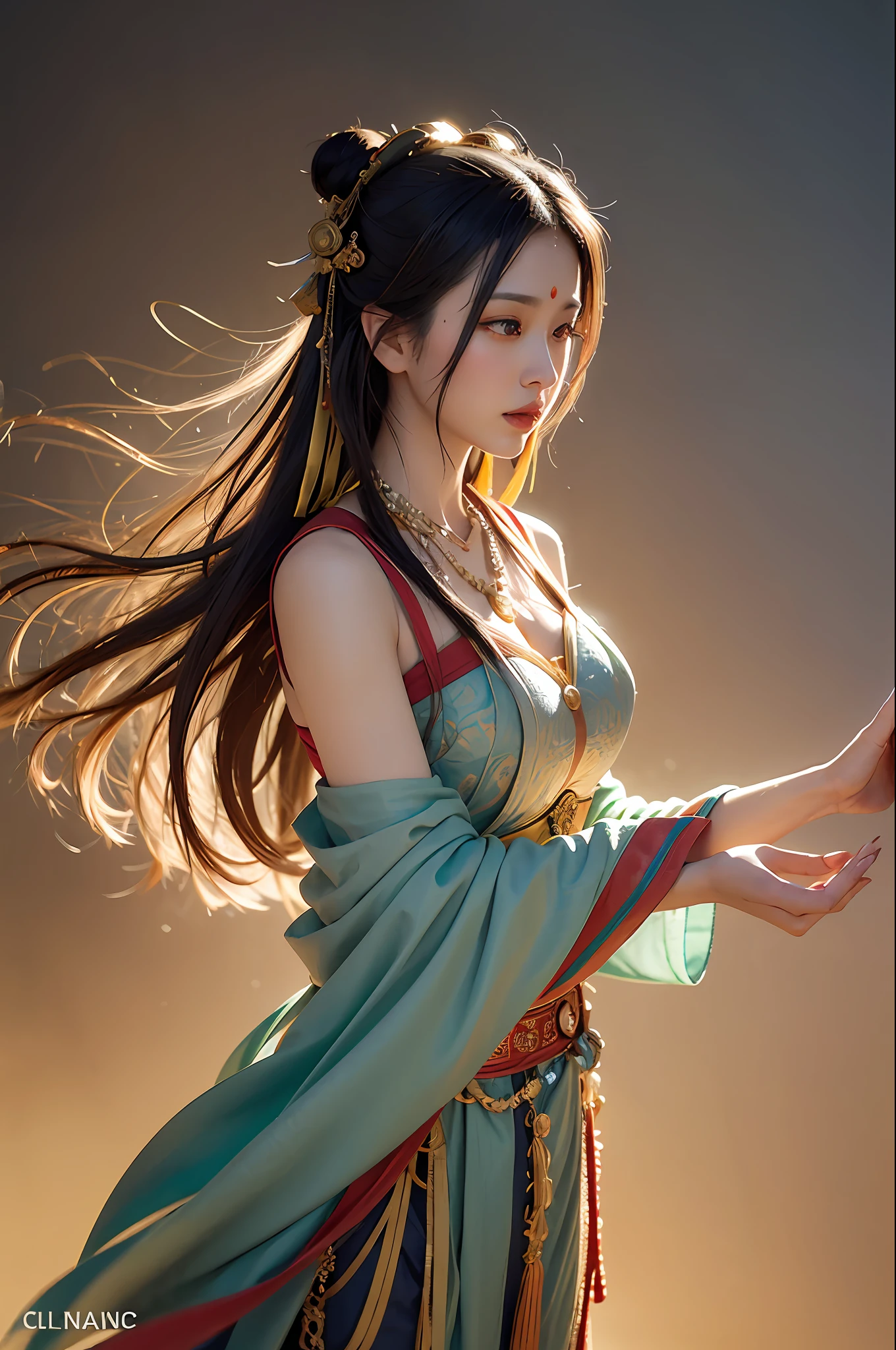 1girl, Dunhuang Flying Apsaras costume, messy long hair, Ji Jian, Dunhuang style, a lot of smoke, superb, elegant colors, (realistic, high detail, masterpiece, super detailed, dynamic angle, mural background, ink wash, amazing, movie lighting, illustration, chiaroscuro, backlighting, god rays, holland, best quality, best quality