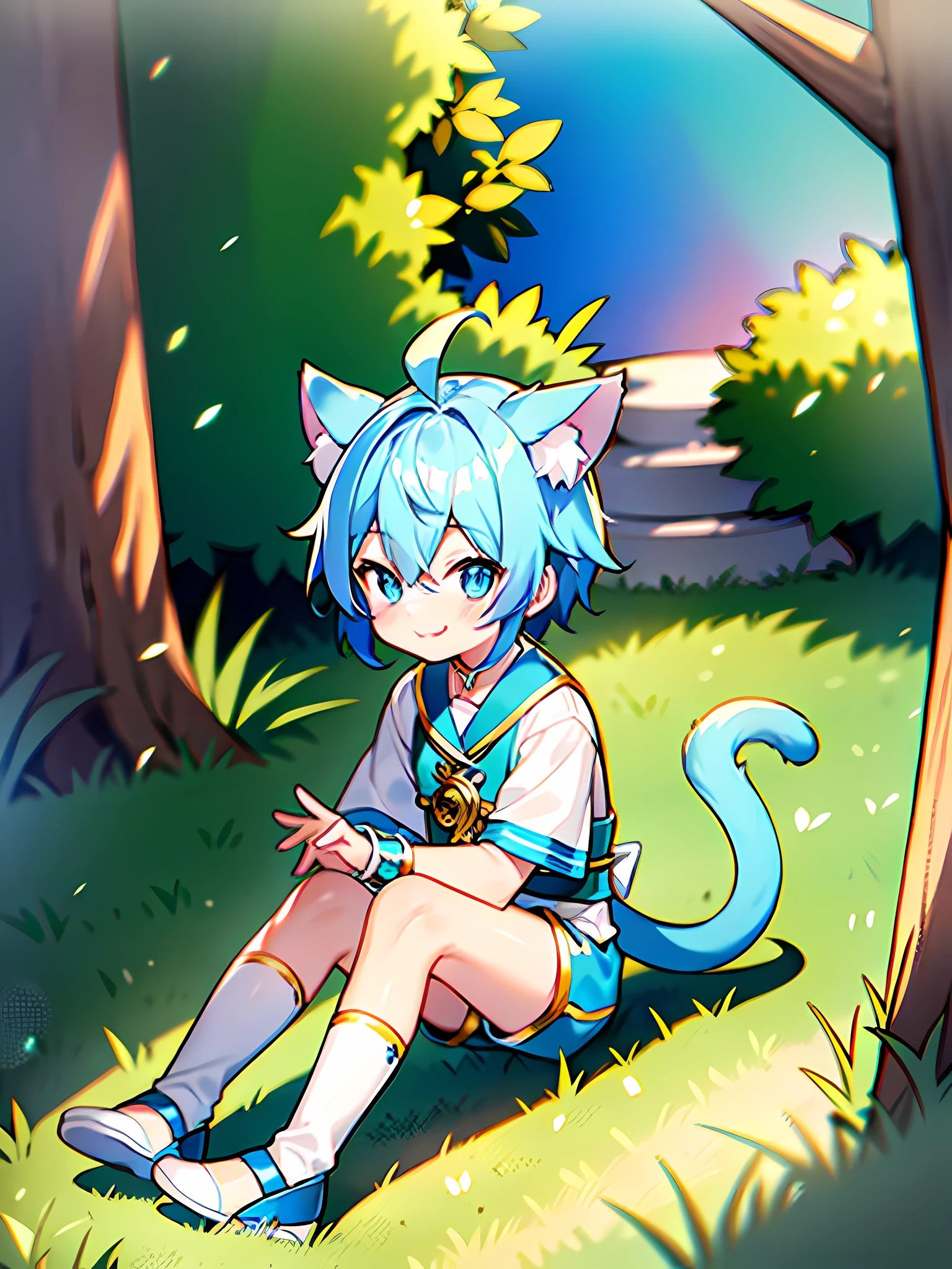 Panorama, Character Focus, Single, Anime, Two-dimensional, Boy, Boy, Genshin, Chongyun, Cat Ears, Furry Tail, Little Boy, Cute, Shota, Young, Bright Eyes (Blue), Light Blue Hair, White European Noble Vintage Clothes (with blue stripes and gold accessories), Shorts, Blue and white socks, No shoes, sitting, legs-baring, happy, Smile, background with light blue sky and grass, high proportion of characters, HD characters