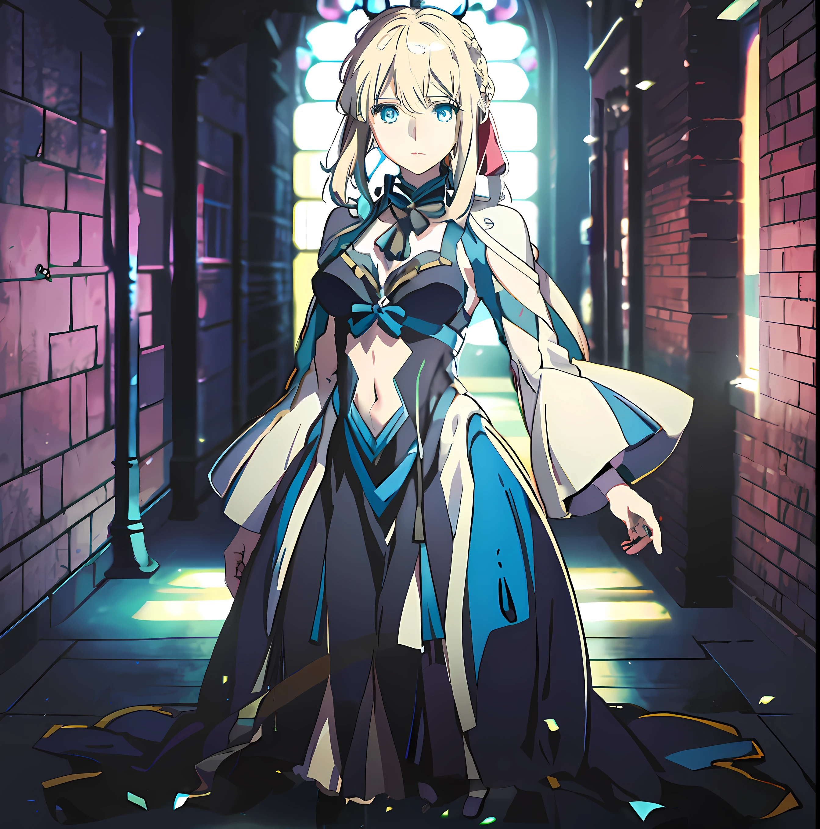 Violet evergarden, cosplaying as morgan le fay, 1girl, blonde hair,blue eyes, red ribbon, braid, full body, looking at viewer, white background