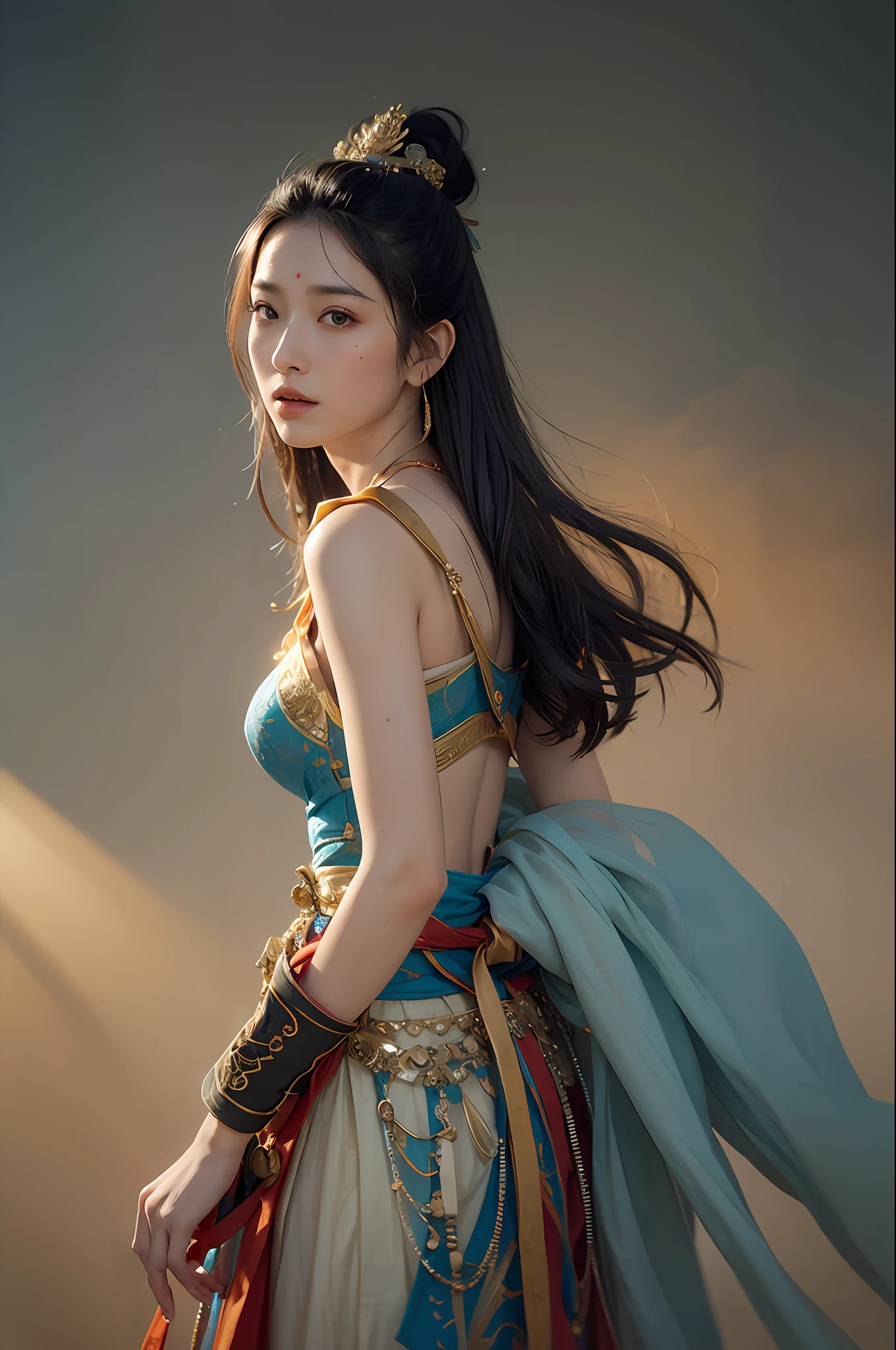 1girl, Dunhuang Flying Apsaras costume, messy long hair, Ji Jian, Dunhuang style, a lot of smoke, superb, elegant colors, (realistic, high detail, masterpiece, super detailed, dynamic angle, mural background, ink wash, amazing, movie lighting, illustration, chiaroscuro, backlighting, god rays, holland, best quality, best quality