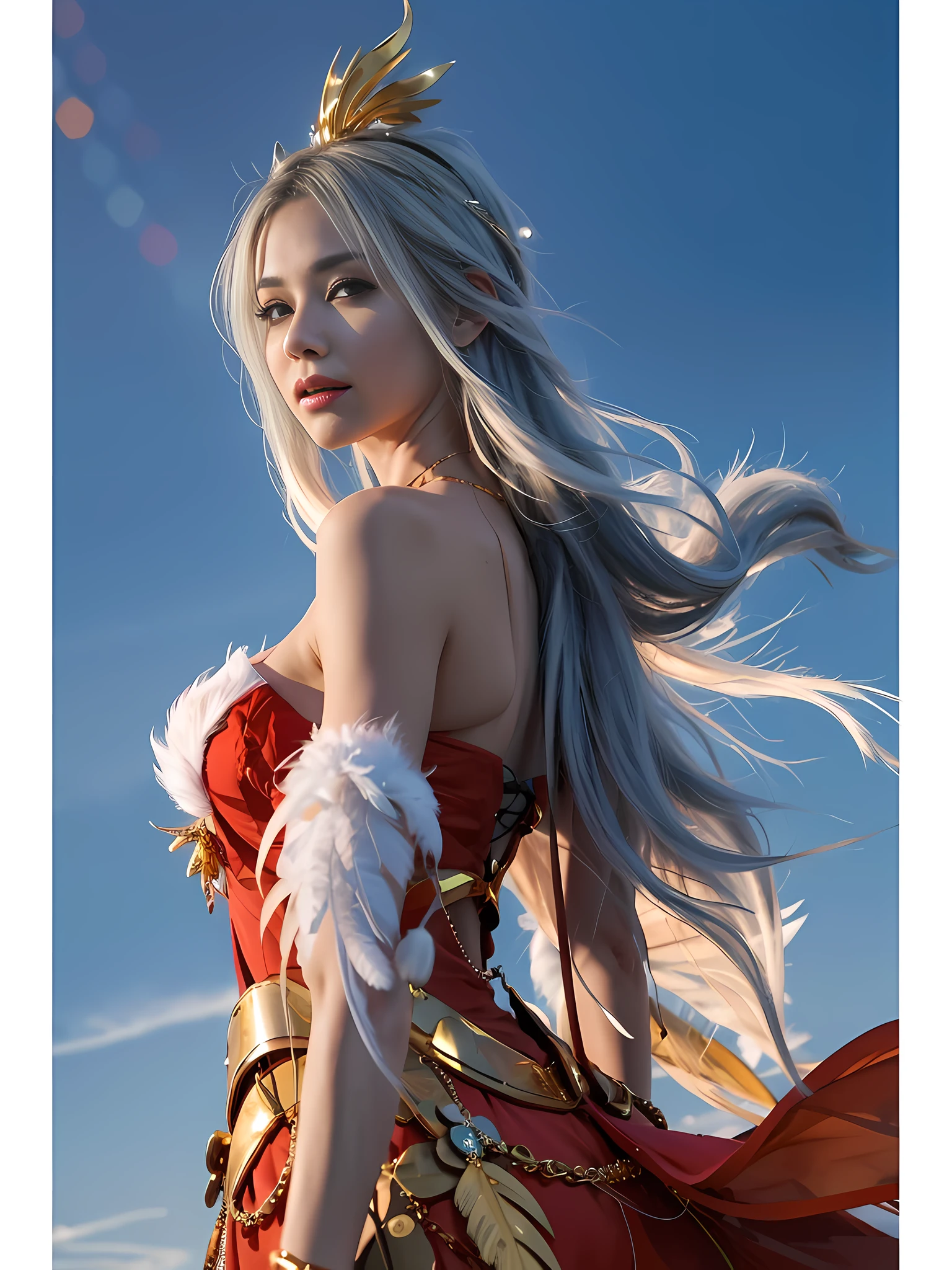 Best quality, best lighting, superb photo, best texture, silver blue flowing long hair, simple braided hair, sensual intellectual cool temperament beauty, red long skirt, low-cut tucked outside beauty, ferret hair embellishment, gold exquisite belt, perfect body, pointed long and exquisite hair accessories, sense of atmosphere, perfect sideways, Arad woman in red dress with feathers on her head, Tifa Lockhart with white hair, anime girl cosplay, long white hair, long white hair, popular on cgstation, Portrait of a Zodiac Girl Knight, White-Haired God, from Final Fantasy, by Yang J, Pop on CGSTATION, [Popular on CGsociety]!, White-haired, with the wings of a glowing golden phoenix behind him