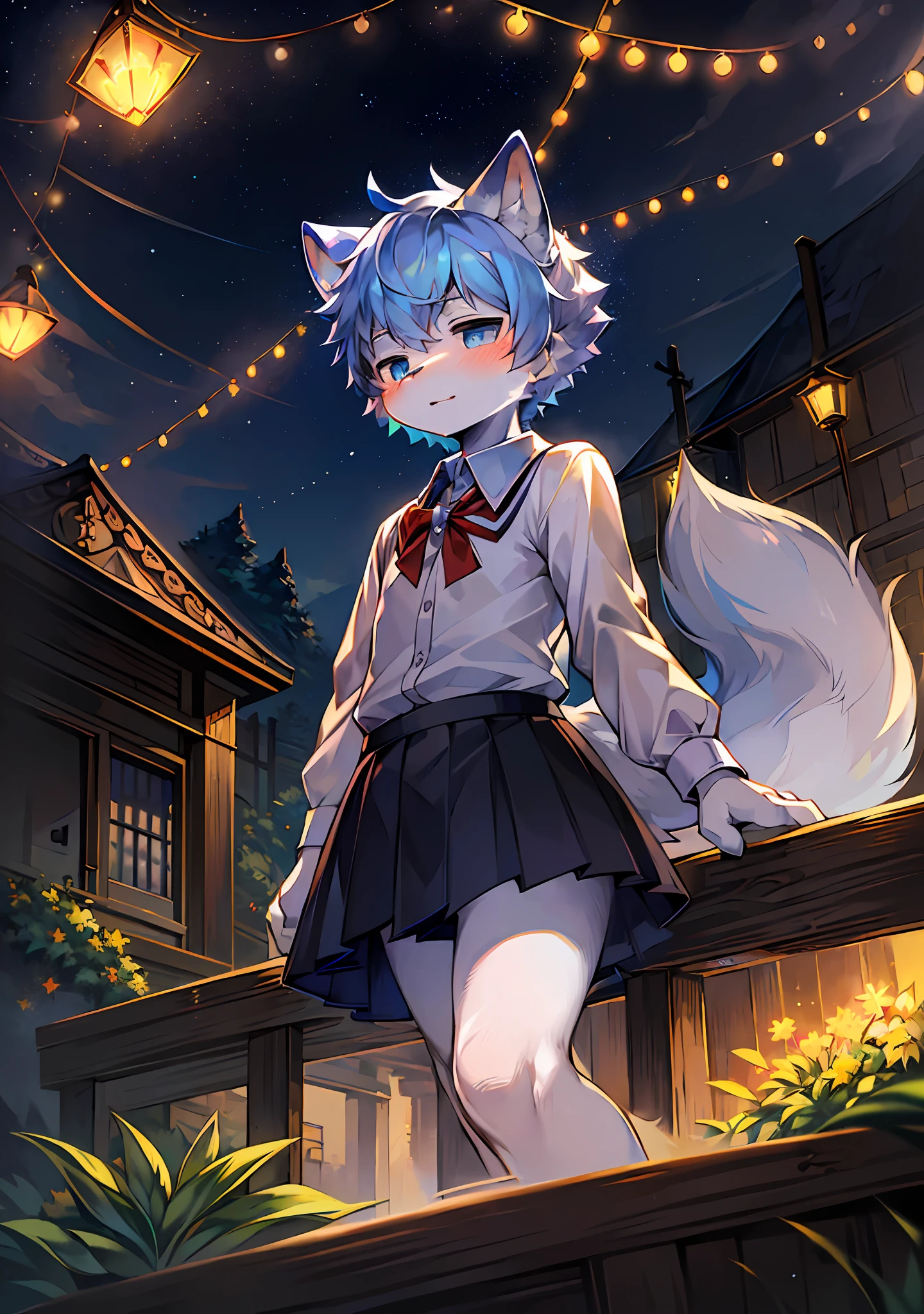 (masterpiece:1.3), (2D:1.0), (anime:1.0), (illustration:1.0), (sharp:1.2), (hard light:1.0), (shadow:1.0),(reflection, refraction:0.8), (light, dappled light, glare, lens flare, Tyndall effect: 1.0), (sharp, shiny: 1.0), (Best Quality: 1.2), (Ultra Fine: 1.0), (Extremely Complex: 1.0), (Blurred foreground, Cinematic Light, Ray Tracing: 1.1), (bright_colors, dark_intense_shadows: 1.1), (Impasto, Colorful: 1.2), (warm_light_from_below, glow_white_ particles：1.1），（Ensemble_Stars！ _\(style\):0.95). wolf_boy,anthro,uploaded_on_e621,solo,upper_body,cowbow_shot,male_focus,furry_kemono,furry_male,cub,young_male,bishounen,11_years_old,kawaii,cute,fancy,fragile,cool, handsome. detailed_fluffy_fur,tuft,(white_fur,body_fur,oil_skin,skin_with_fluffy_fur:1.3),animal_nose,animal_ear_fluff,fluffy_paws,pawpads,animal_hand,fluffy_big_tail。 (skirt, camouflage suit, JK: 1.5), boy boy short hair, blue and white hair, full blue hair, blue eyes, bangs, shut up, light blush, bottomless, looking at the audience (feet apart, standing: 1.2) (night, starry_sky, crescent_moon, star_\(sky\), gem, plant, star_\ (symbol\), sparkle), outdoor, landscape.