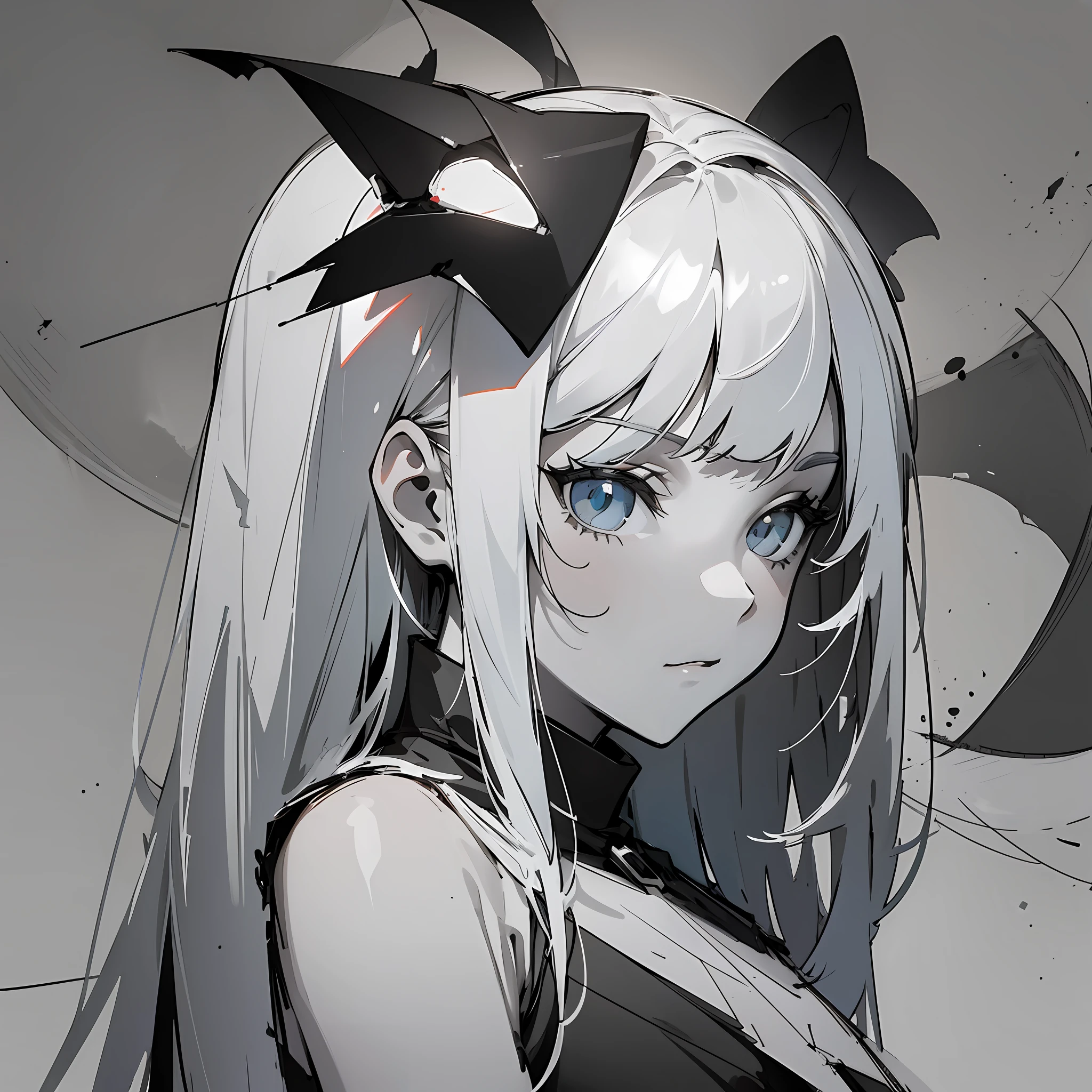 (partial mosaic, white-haired girl, knife), grayscale shadow, sketch, minimalist style, monochrome background.