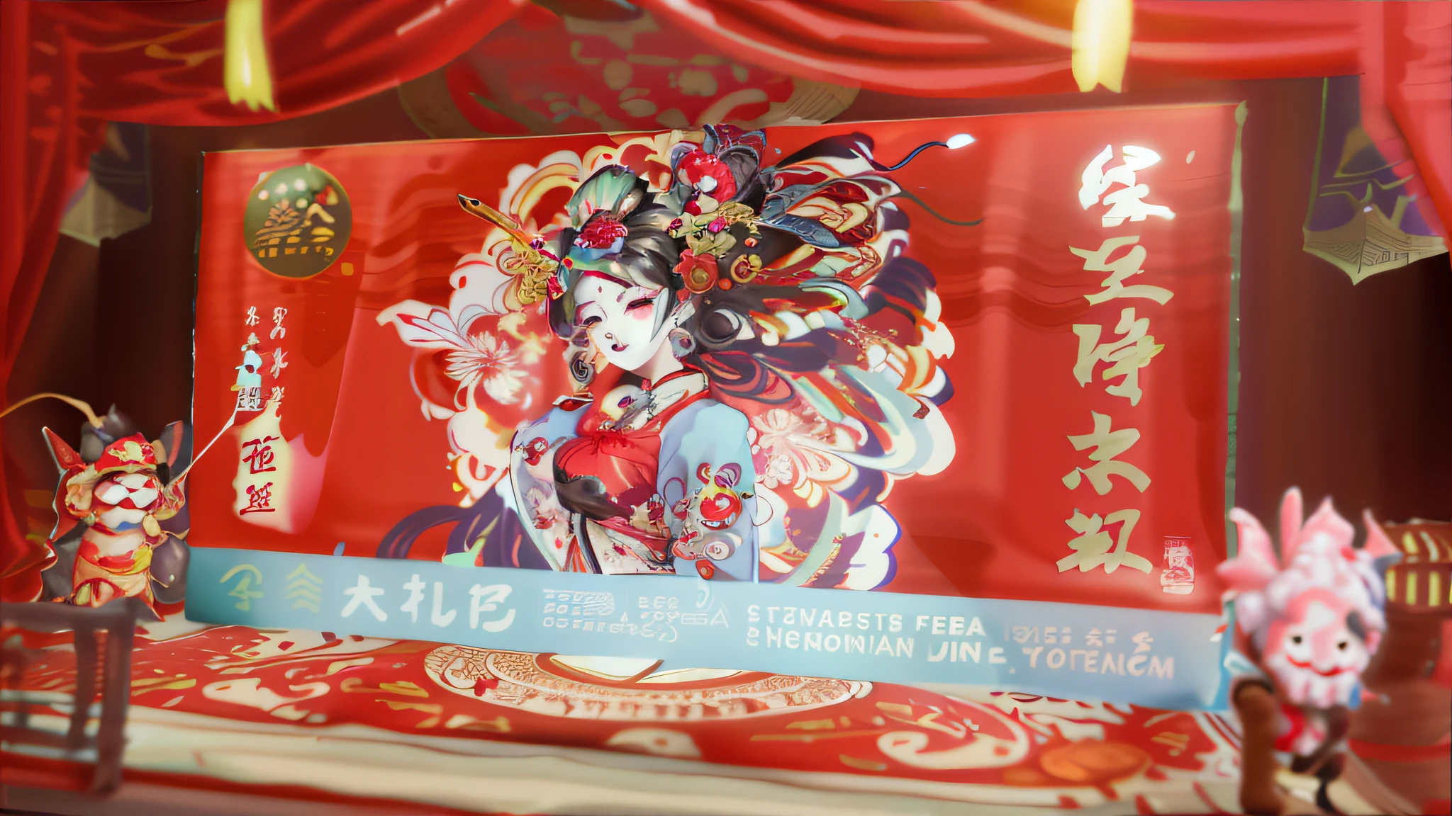 A 60% red packaging prototype with five characters printed on the front, namely a bust of Shengdanjing and the end of the ugly body, Chinese Peking Opera elements, the box is placed on a opera stage, and the Tyndall light shines in the middle of the stage. Around the packaging prototype are two small blue and white porcelain plates containing twist flowers and glutinous rice kingfruit. --auto --s2