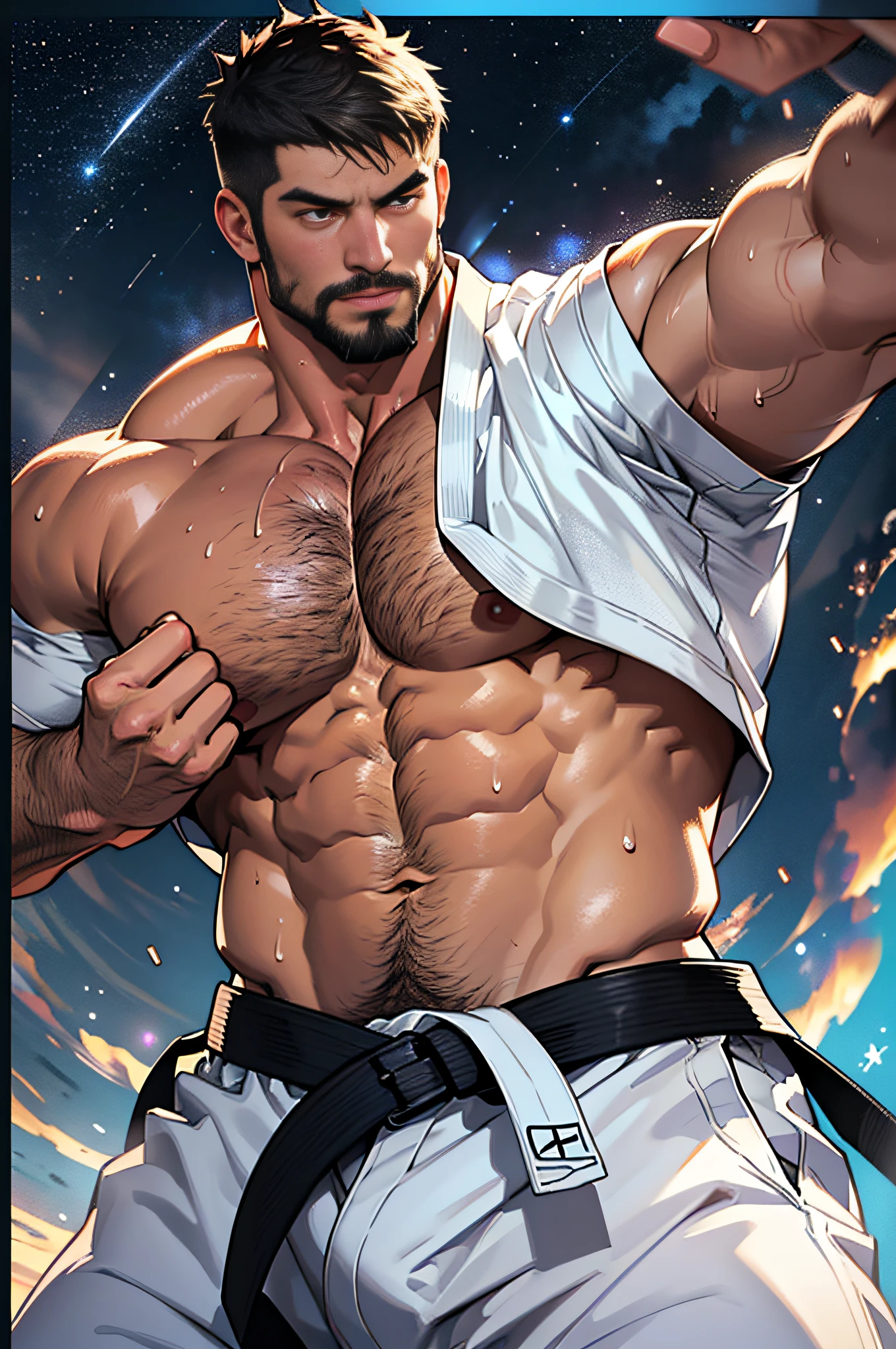 best quality, masterpiece, super high resolution, detailed background, realism, Illustrations, single, male, muscle, volumetric lighting, depth of field, facial hair, ryu, white clothes, black belt, light particles, bulge, starry sky, martial artist, sweating, short hair, perfect eyes, drenched, sexy, macho, burly, strong, scarred