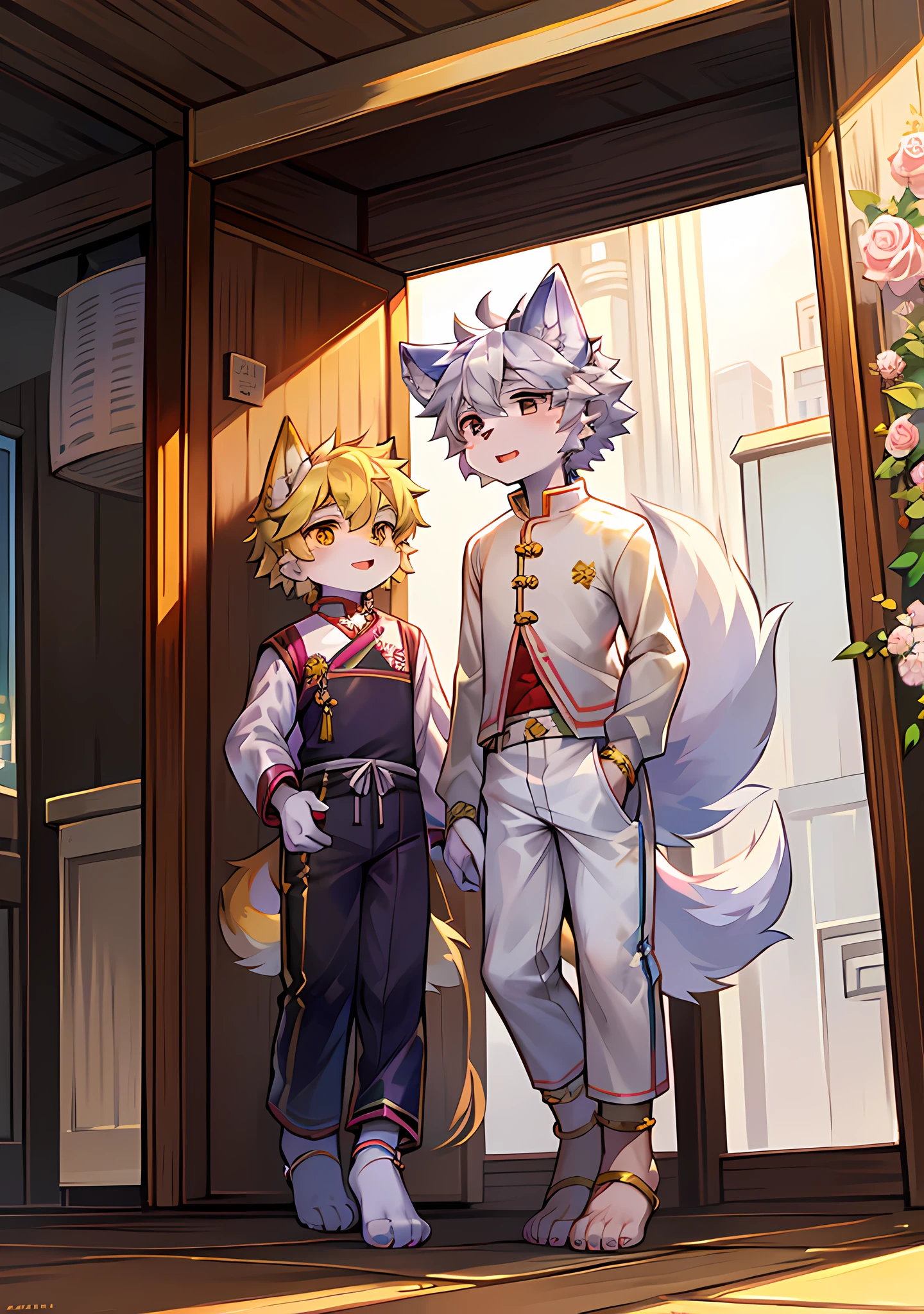 furry , dog boy, dog boy, dog boy, dog boy, little man, (dog tail), little feet (with socks), floral anklet, yellow hair, light blonde eyes, , national style clothes (red), aoeu, aoeu, long cheongsam (outer garment), hanfu (outer garment), white clothes (inner shirt), boy, boy , boy, noble clothes (red), cute, zhengtai, on the road. furry , wolf boy, wolf boy, wolf boy, wolf boy, little man, (long wolf tail), little feet (with socks), floral anklet, gray hair, black eyes, , national style clothes (purple), aoeu, aoeu, long cheongsam (outer garment), hanfu (outer garment), white clothes (inner shirt), boy, boy , boy , boy, noble clothes (purple), cute, zhengtai, on the way