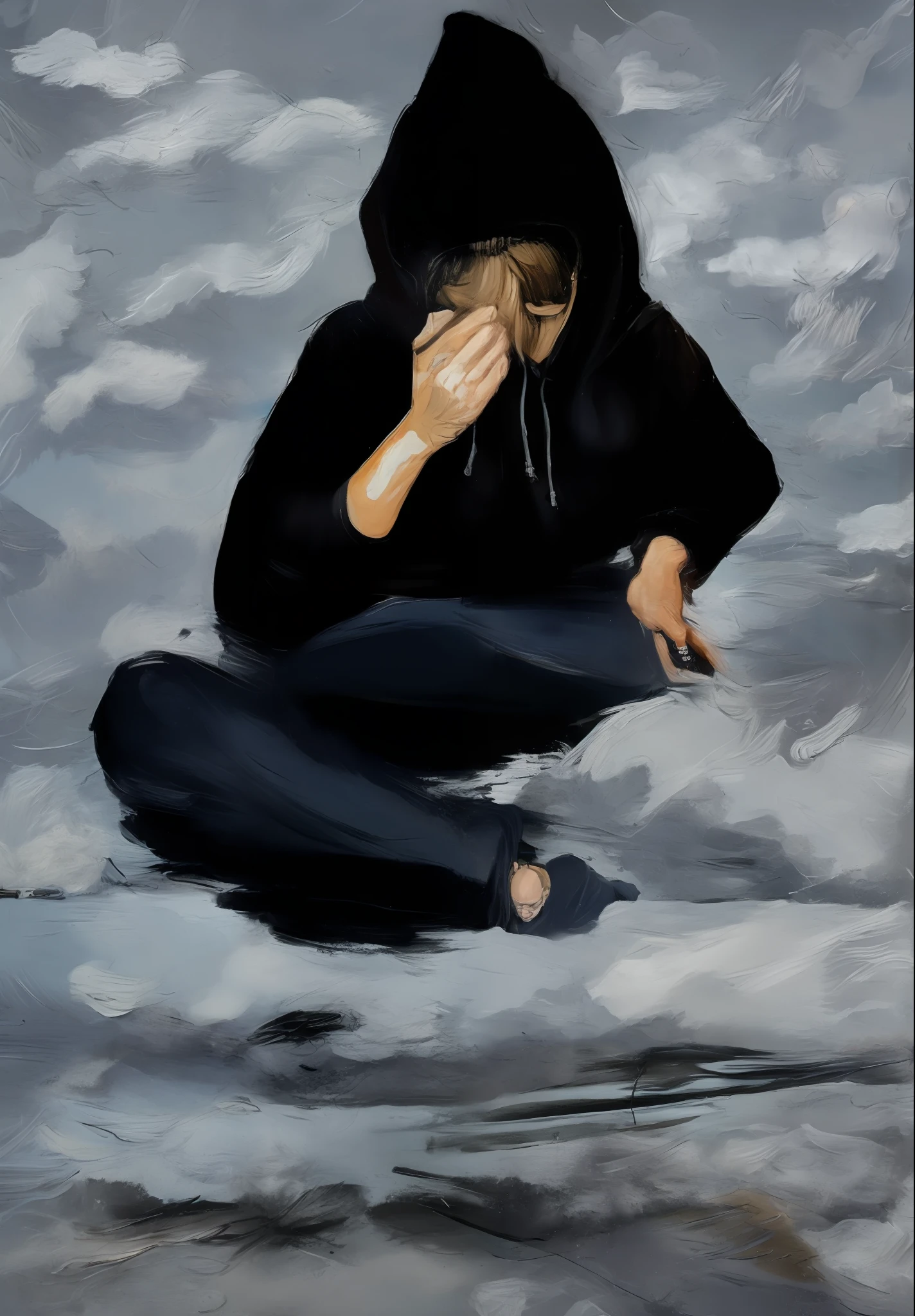 Black painting, vomiting woman, wearing a hoodie. Dark, creepy, unpleasant, throwing up, guerrilla
