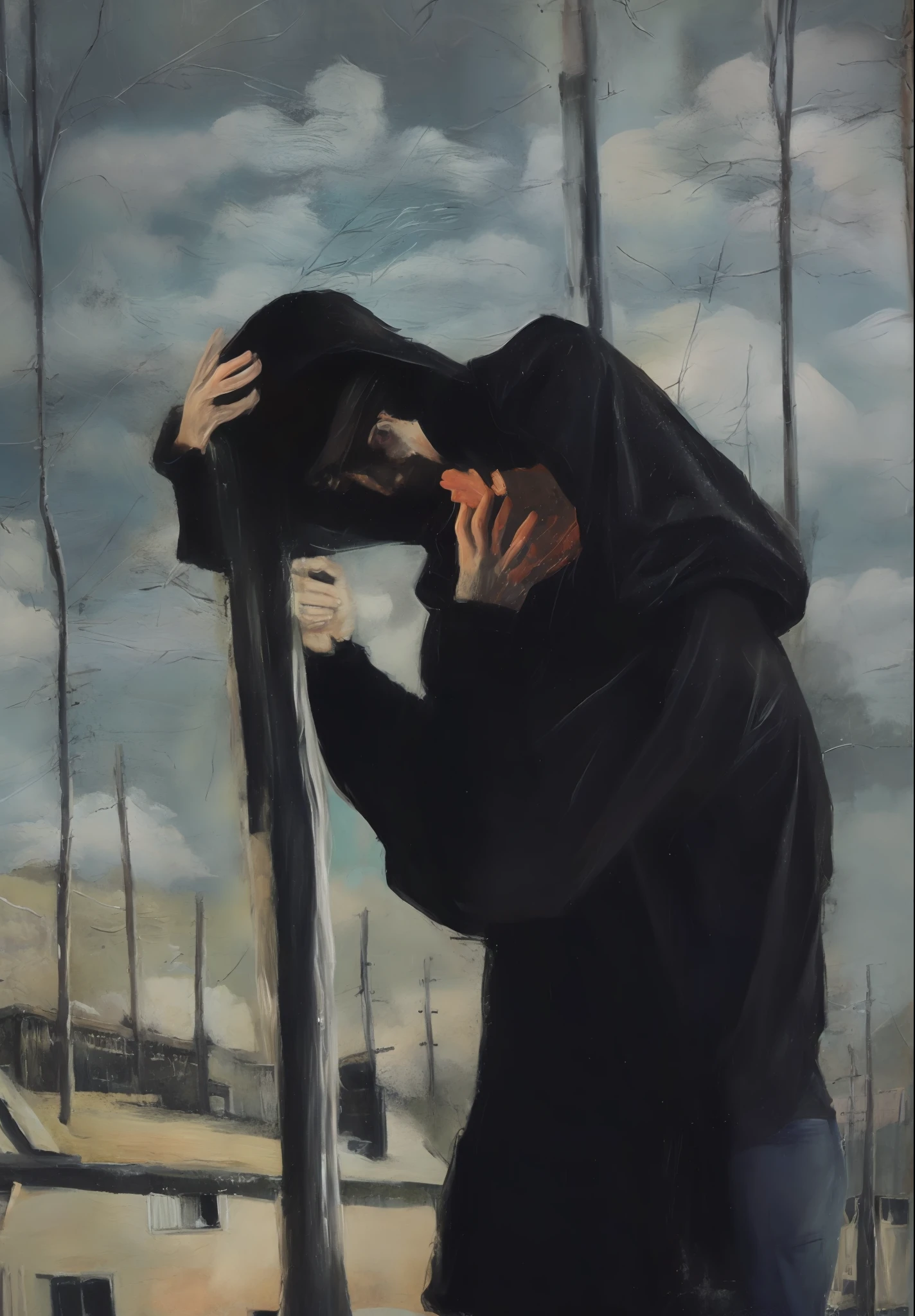 Black painting, vomiting woman, wearing a hoodie. Dark, creepy, unpleasant, throwing up, guerrilla