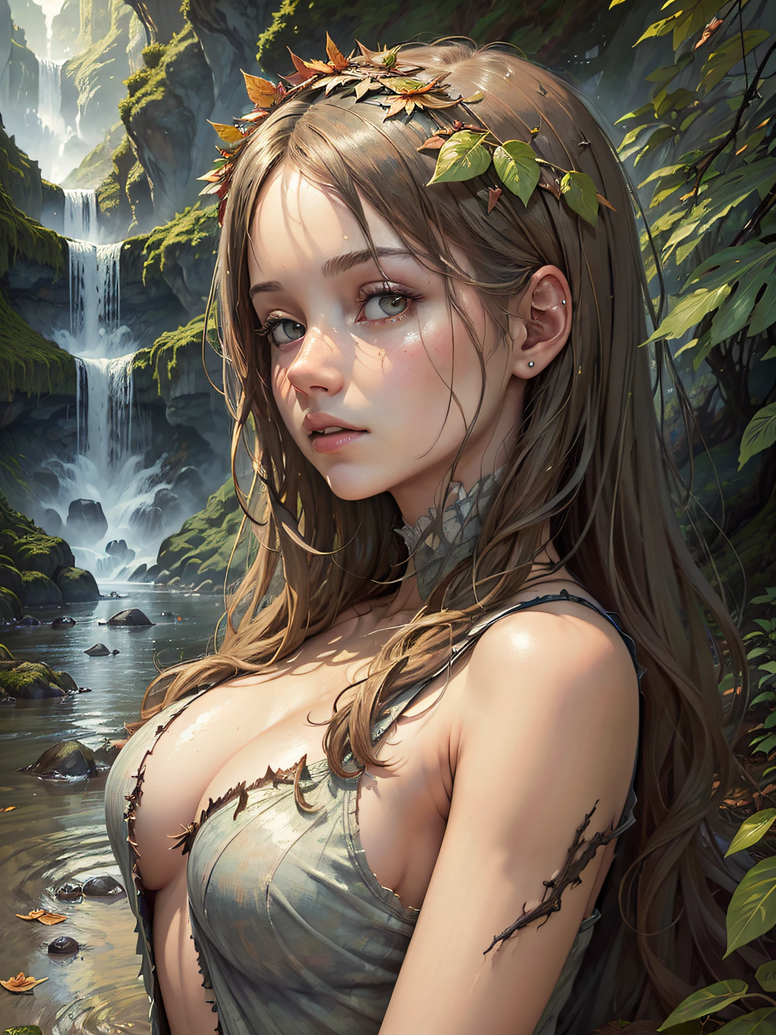 (best quality:1.33), (masterpiece:1.42), (realistic:1.24), (detailed:1.15), 1girl, wearing sext torn outfit made of leaves, dreamy, coming out of mud, waterfall landscape on background